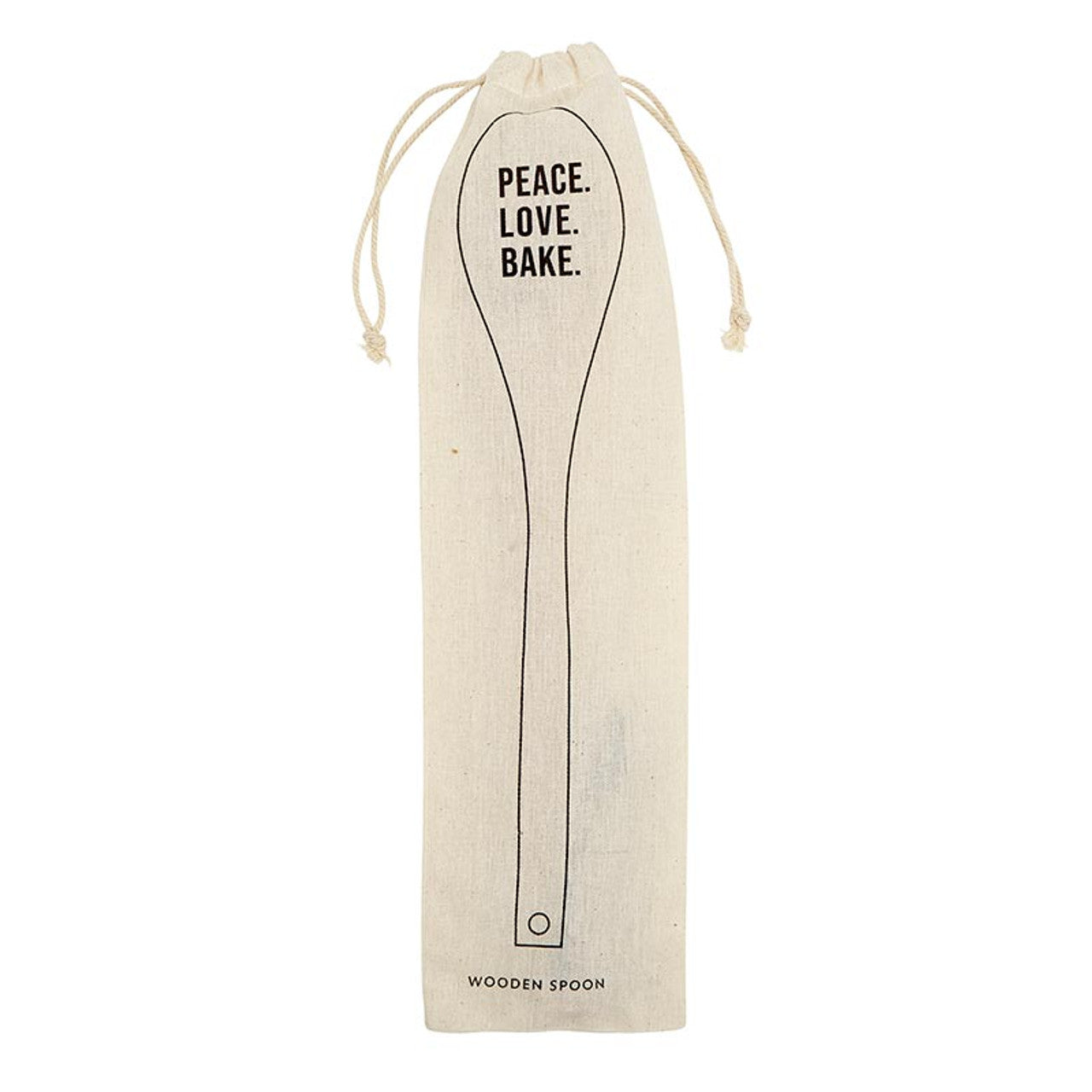 Wooden cooking spoon with "Peace Love Bake" engraving, packed in a muslin gift bag, from The Bullish Store kitchen utensils collection.