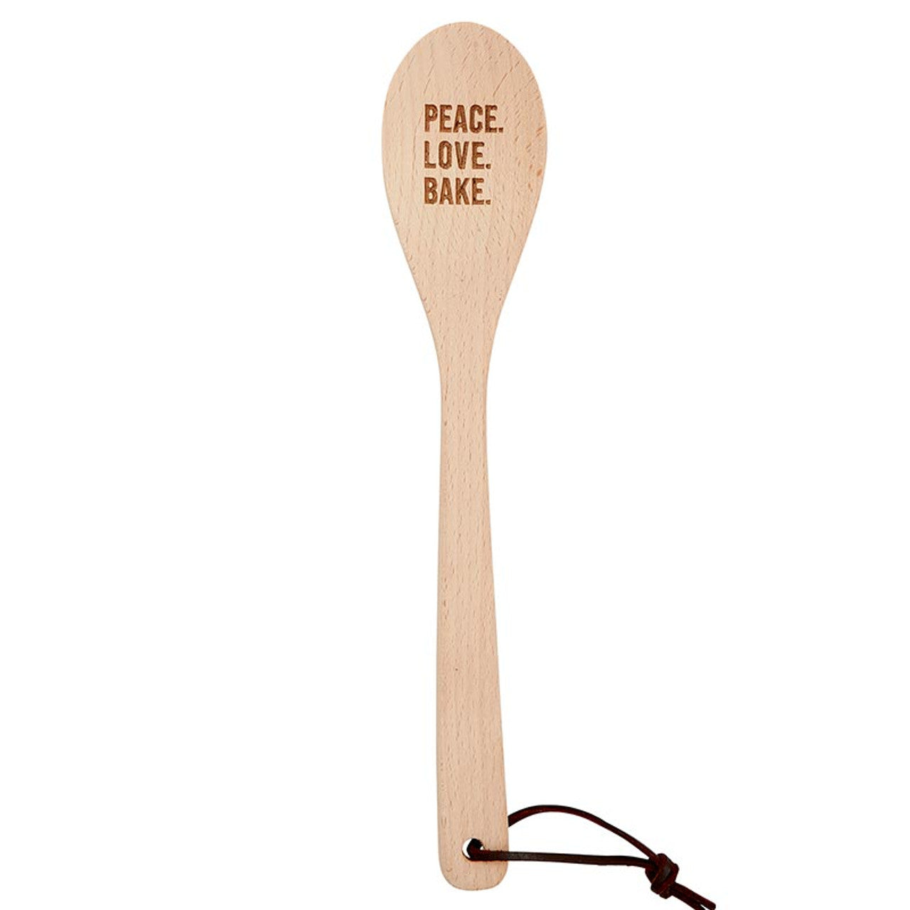 Wooden cooking spoon with "Peace Love Bake" engraving in muslin gift bag, ideal for kitchen utensils and baking accessories.