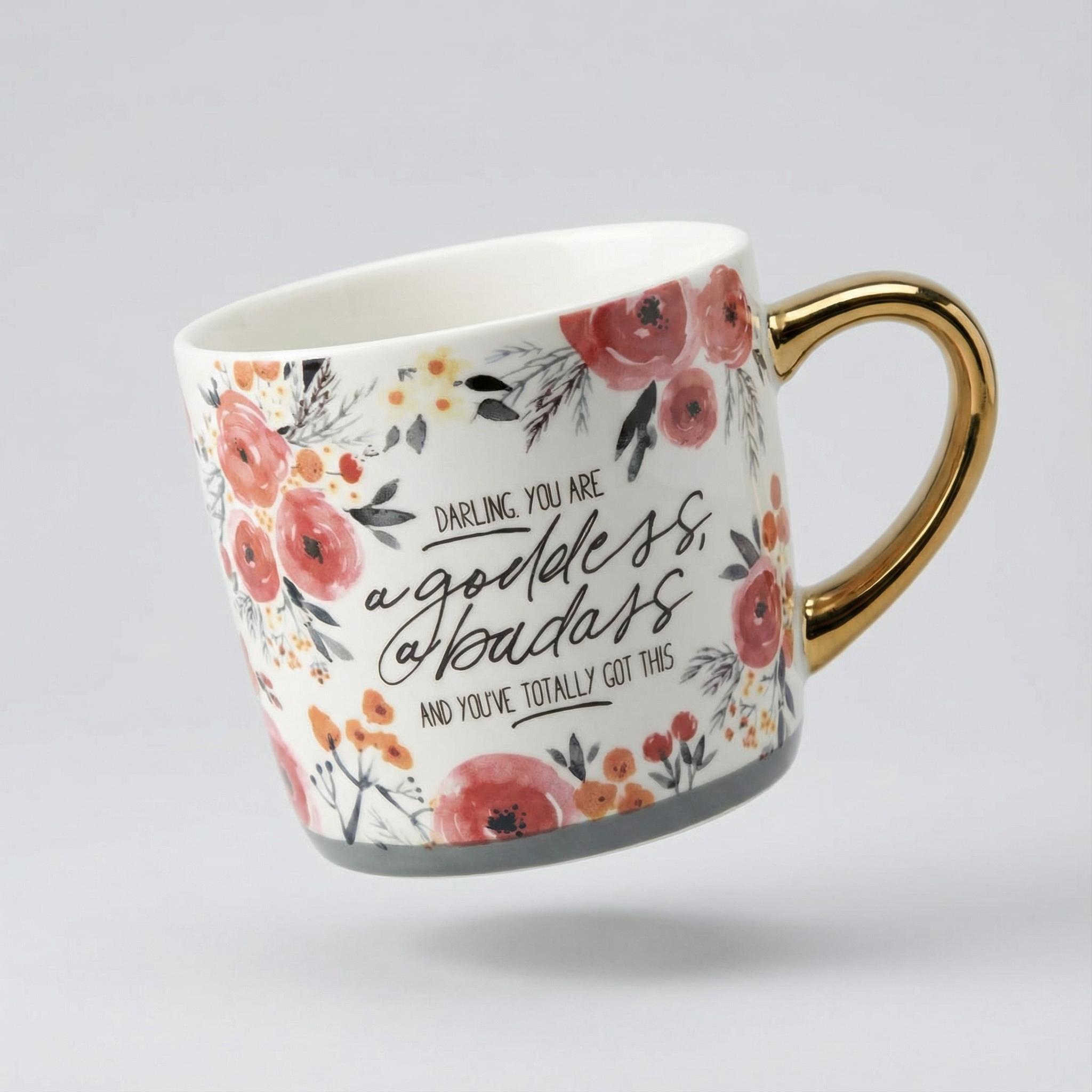 Stoneware 15oz mug with gold handle featuring "Darling You Are A Goddess A Badass" design, perfect for coffee or tea.
