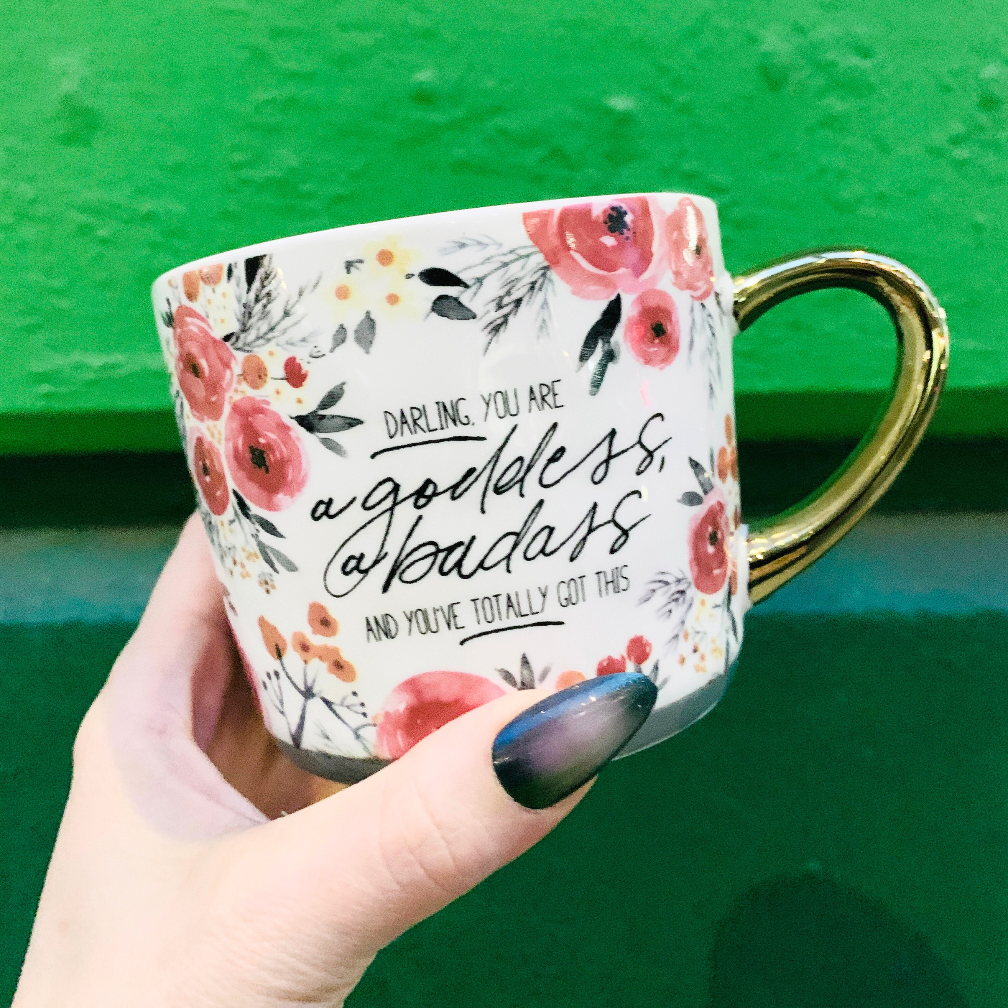 Stoneware 15oz gold-handle mug with "Darling You Are A Goddess A Badass" text, perfect for coffee or tea.