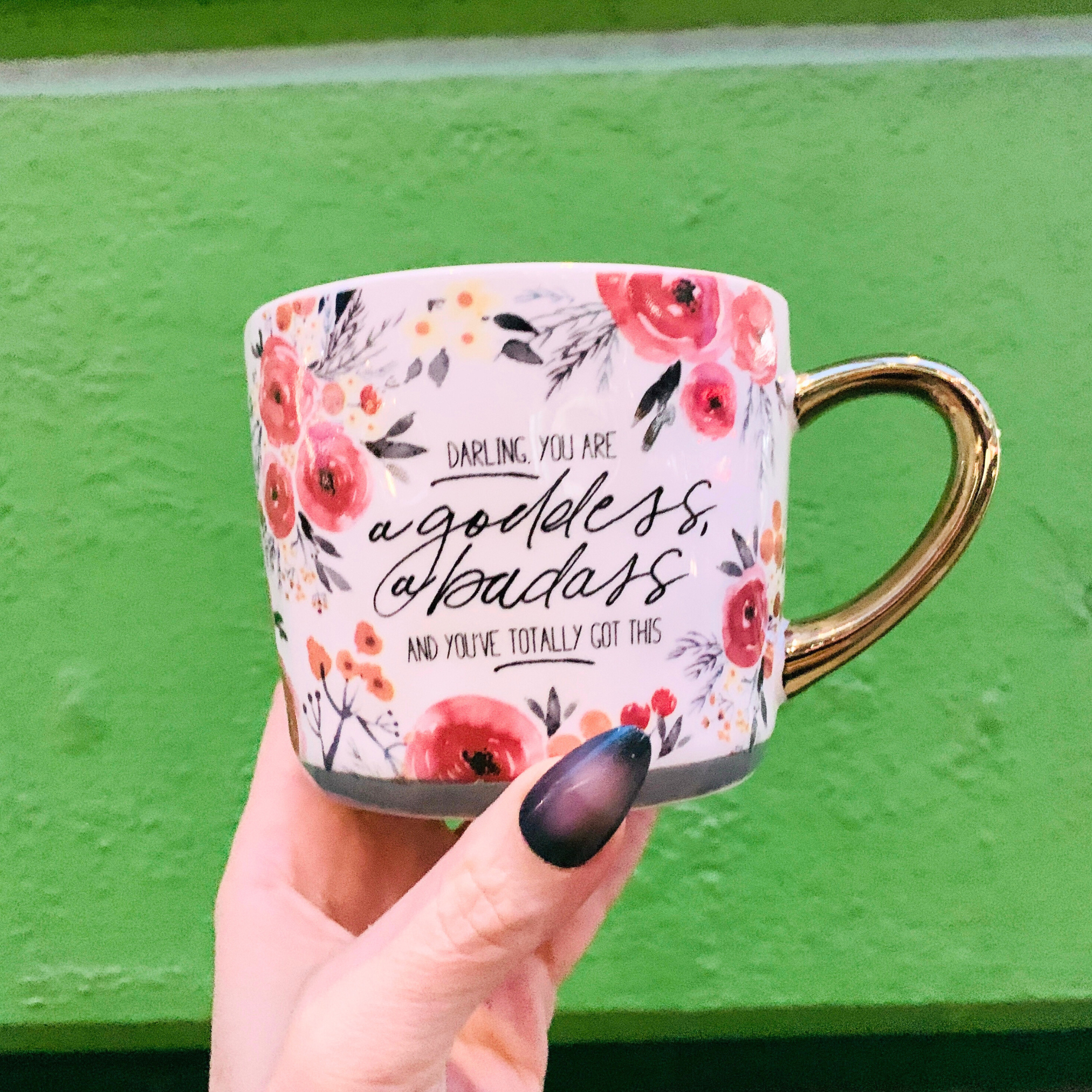 Stoneware 15oz coffee and tea mug by The Bullish Store with gold handle and empowering "Darling You Are A Goddess A Badass" design.