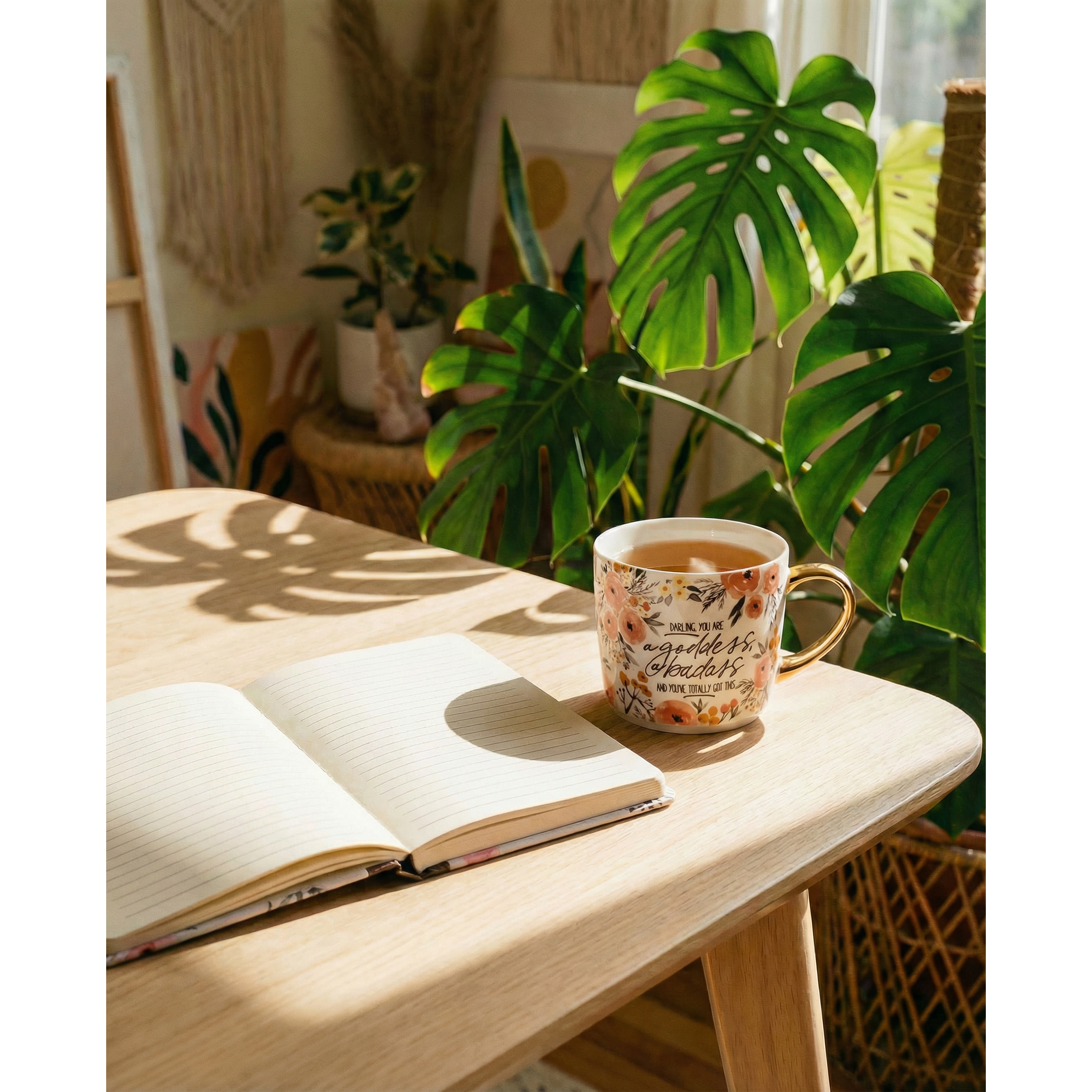 Gold handle ceramic mug from The Bullish Store with "Darling You Are A Goddess A Badass" motivational quote, 15oz stoneware coffee cup.