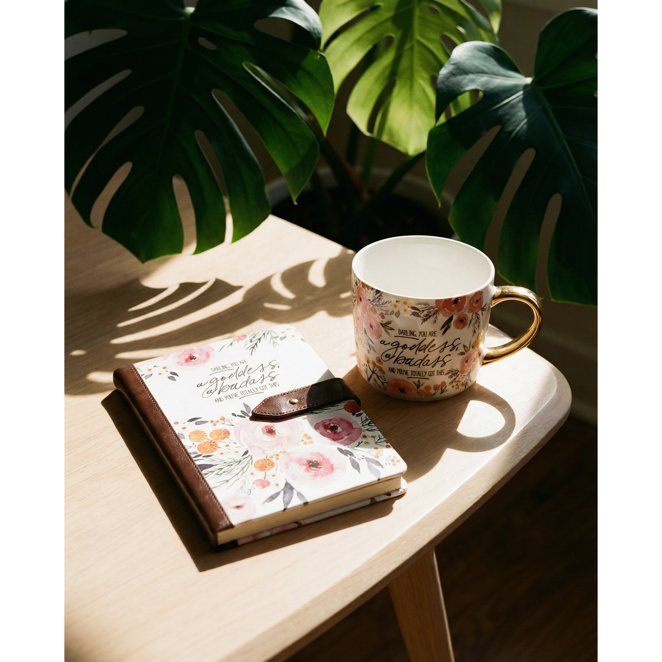 Gold-handle stoneware mug with "Darling You Are A Goddess A Badass" inscription, 15oz capacity, perfect for coffee or tea.