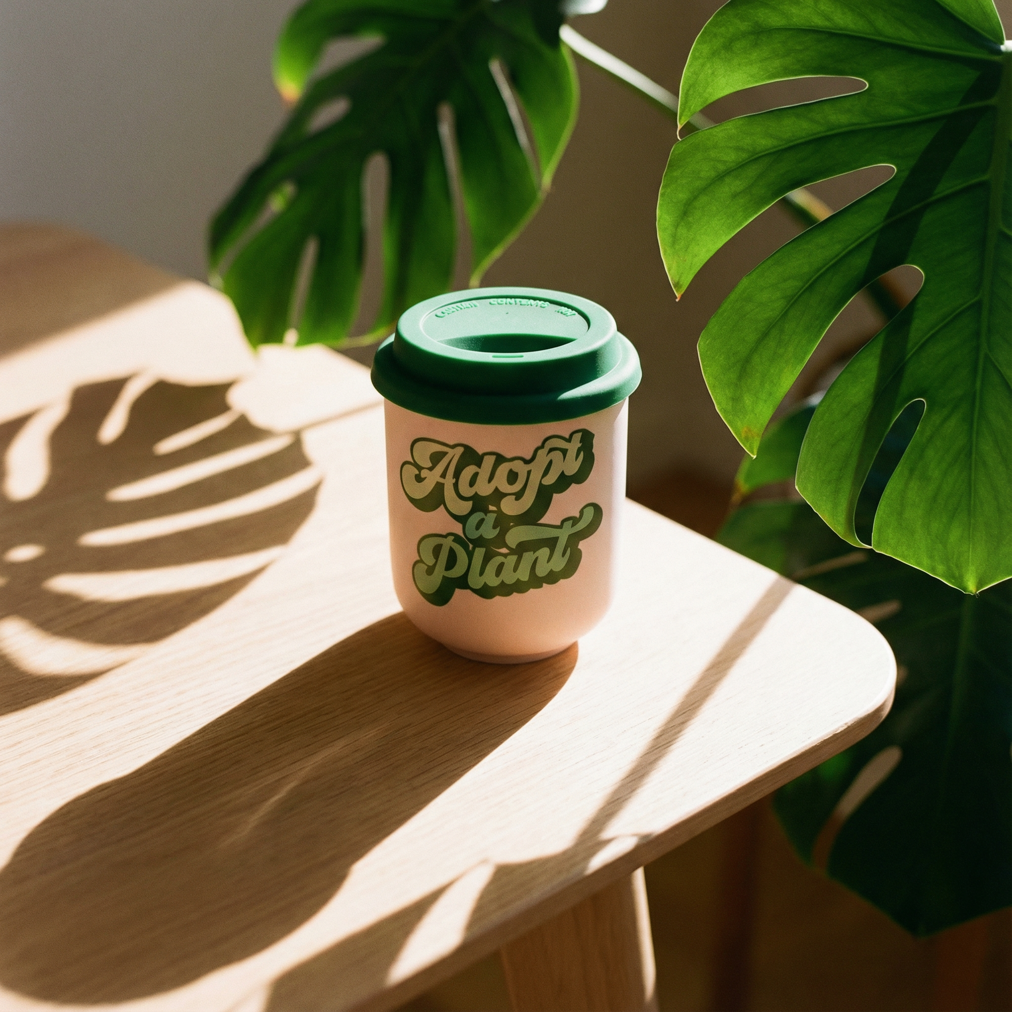 Adopt a Plant ceramic 16 oz. eco mug with silicone lid and sleeve, featuring a plant-themed design and sturdy handle for travel.