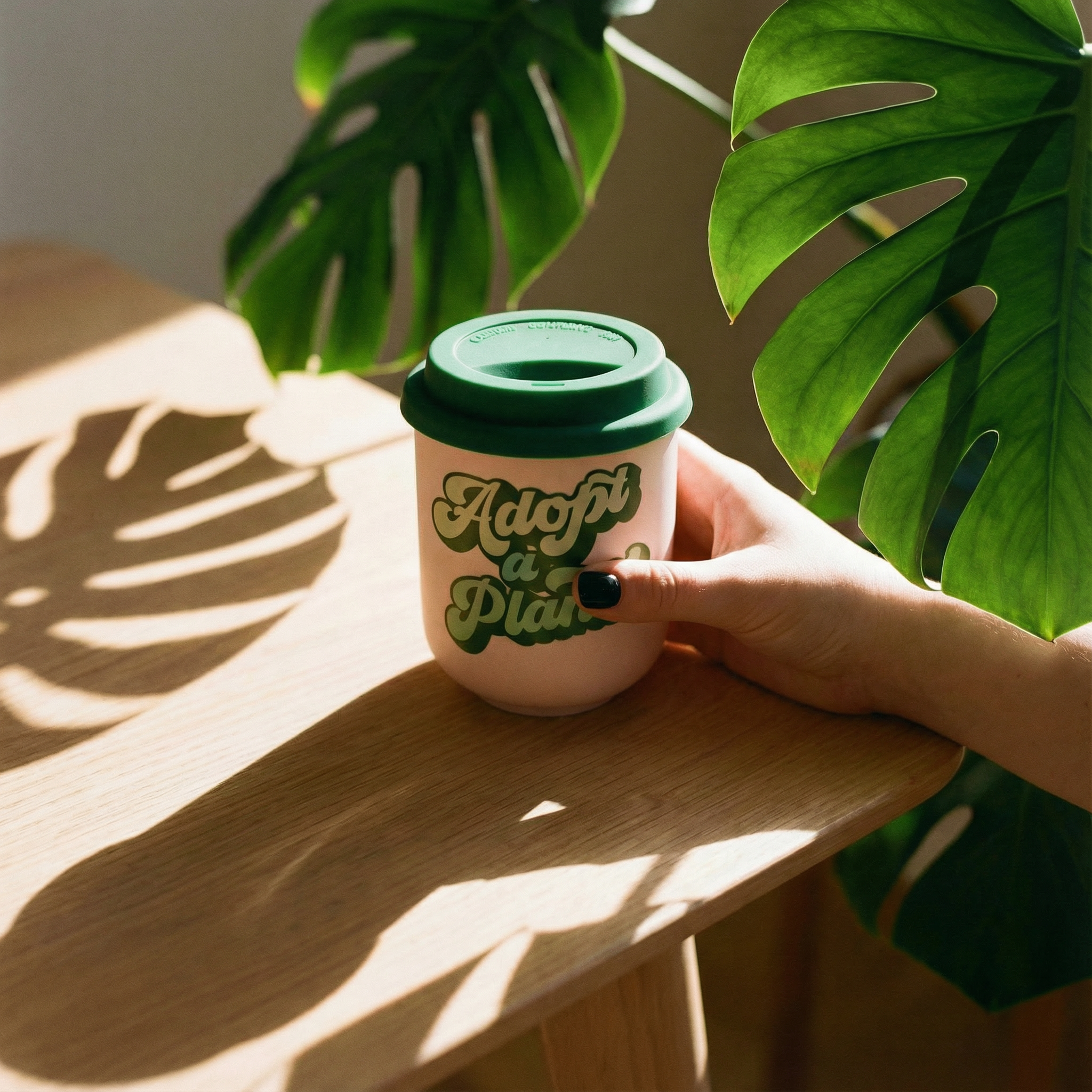 Adopt a Plant ceramic 16 oz. eco mug with silicone lid and sleeve, featuring plant-themed design, from The Bullish Store.