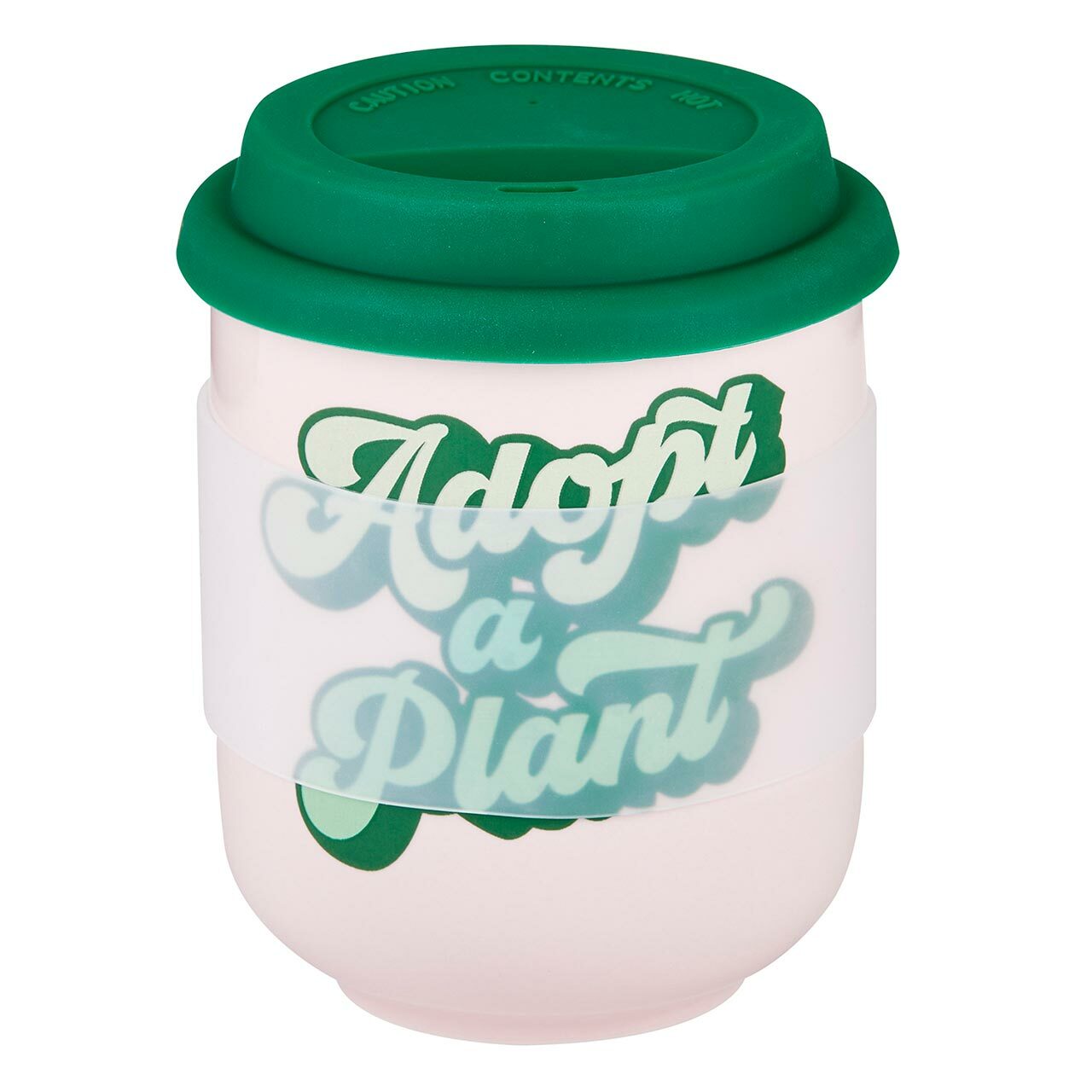 Ceramic 16 oz. eco mug with silicone lid and sleeve featuring adopt-a-plant design, ideal for hot beverages.