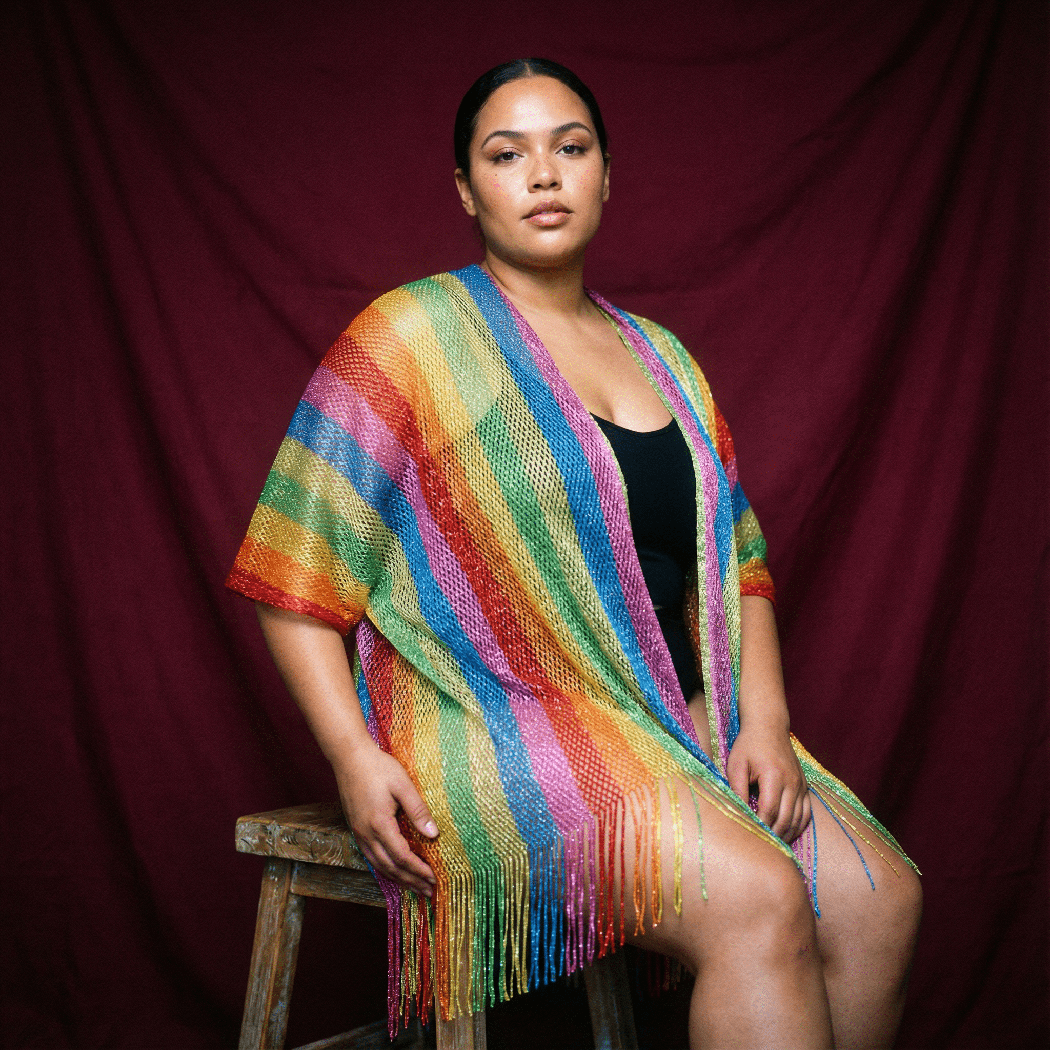 Rainbow stripe shimmer mesh pride scarf wrap, unisex summer shawl featuring vibrant LGBTQ pride colors and lightweight mesh fabric.