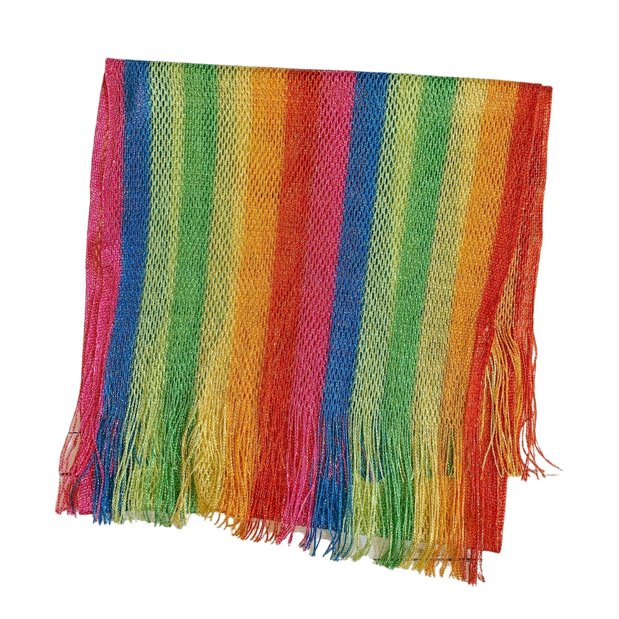 Shimmer mesh rainbow stripe pride scarf wrap, unisex summer shawl with vibrant colors and lightweight design for LGBTQ pride.