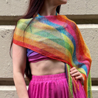 Shimmer mesh rainbow stripe Pride scarf wrap in unisex design, perfect as a summer LGBTQ Pride shawl.