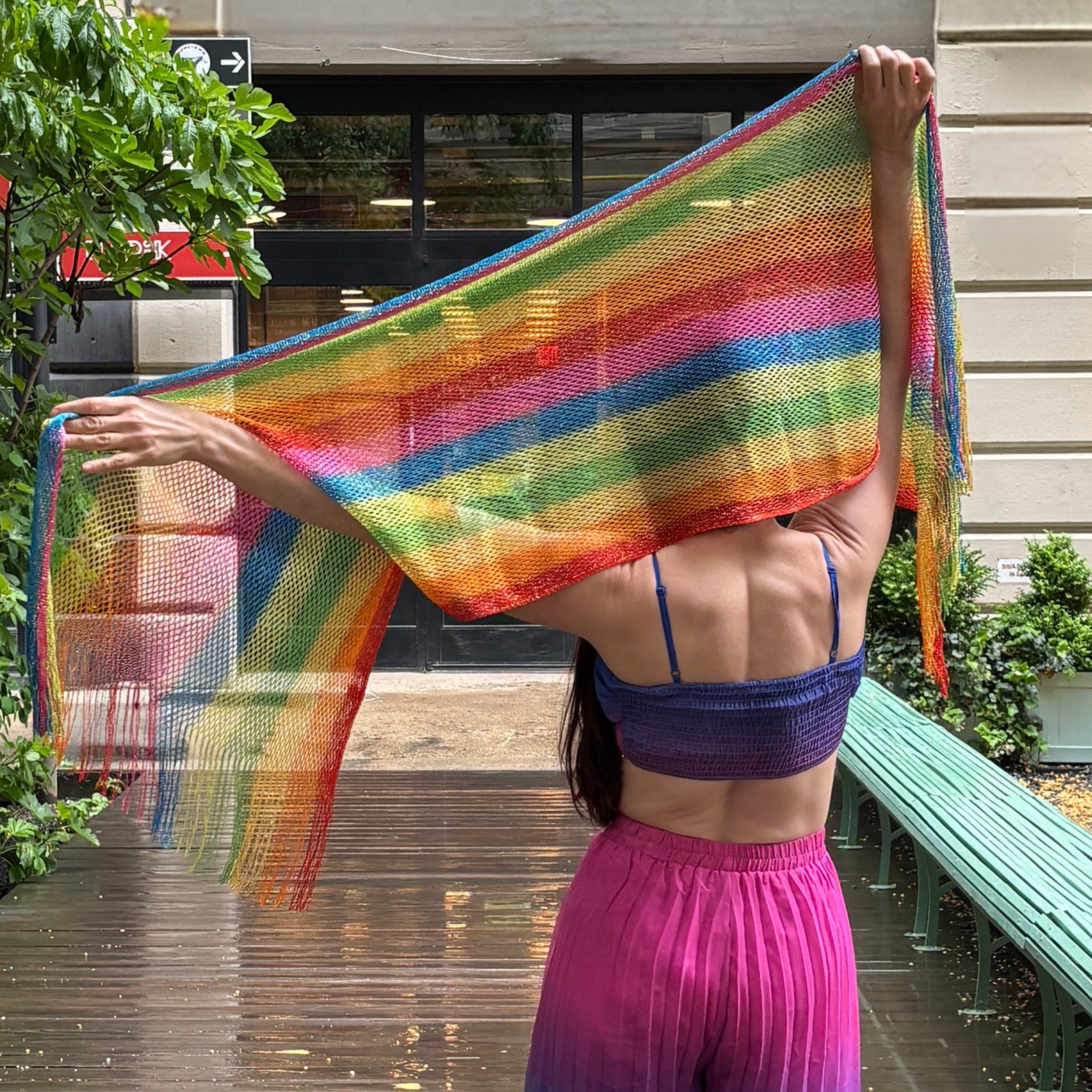 Rainbow stripe shimmer mesh pride scarf wrap, unisex summer shawl with vibrant LGBTQ pride colors and lightweight design.