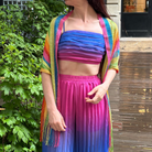 Rainbow stripe shimmer mesh Pride scarf wrap in unisex summer shawl style, featuring vibrant LGBTQ Pride colors and lightweight design.