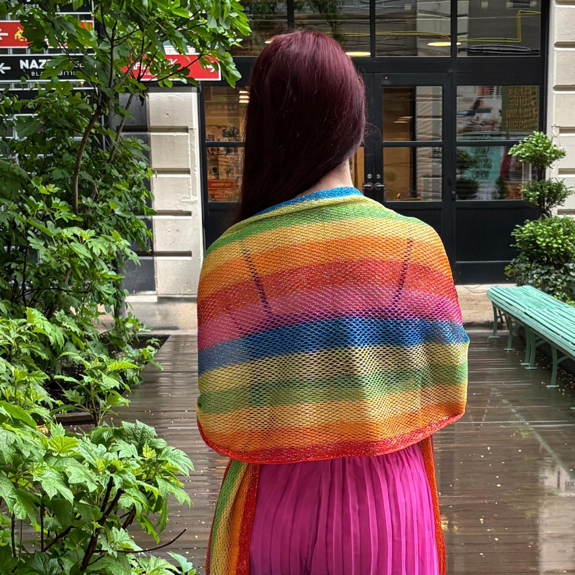 Rainbow stripe shimmer mesh pride scarf wrap, unisex summer shawl with vibrant LGBTQ pride colors from The Bullish Store.