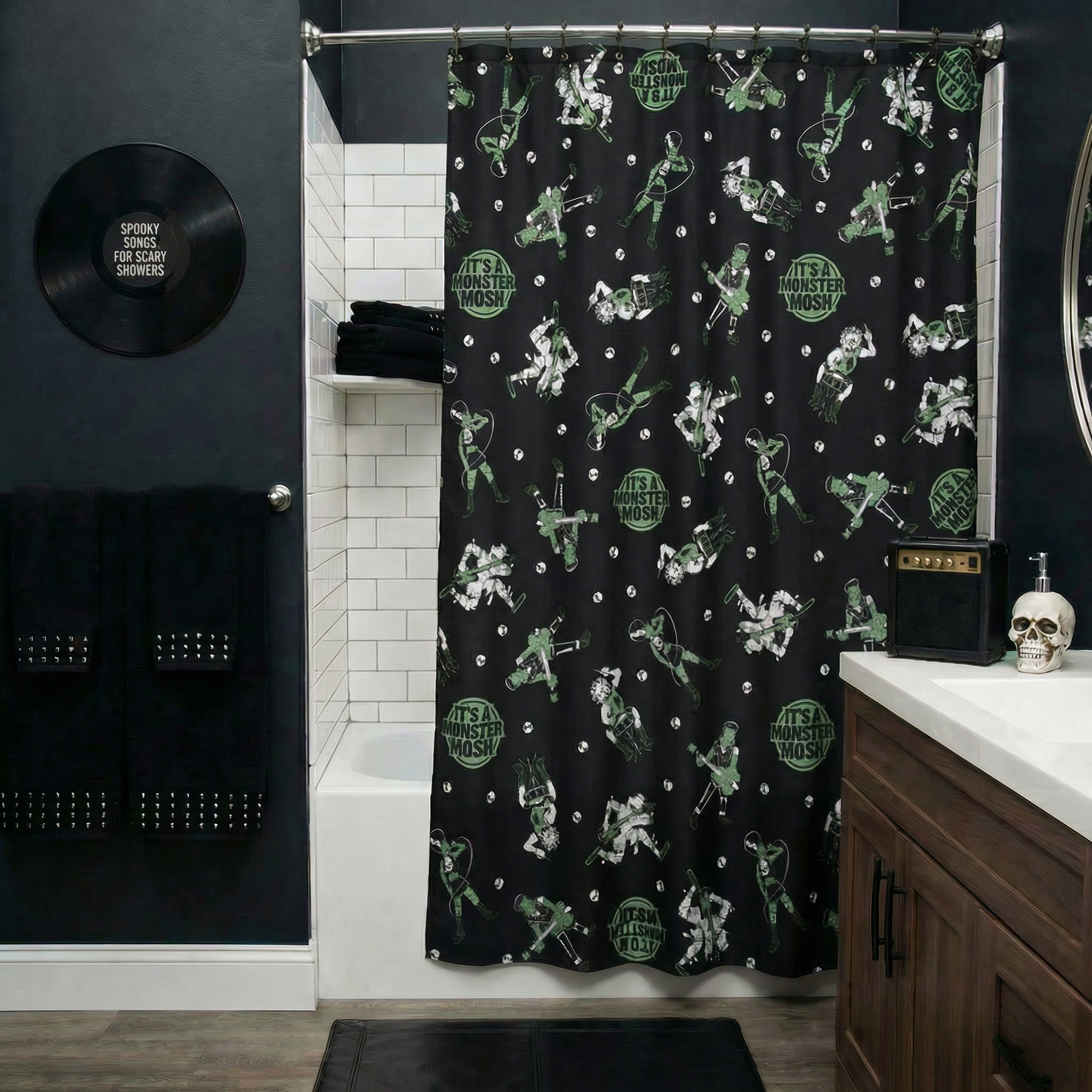 Sourpuss Monster Mosh shower curtain featuring Frankenstein, mummy, and werewolf designs in polyester for bedroom bathroom decor