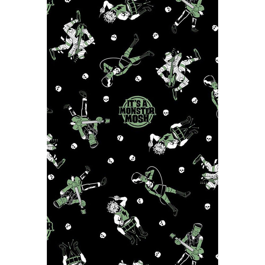 Sourpuss Monster Mosh shower curtain featuring Frankenstein, mummy, and werewolf designs in polyester for Halloween-themed bathroom decor