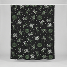 Sourpuss Monster Mosh shower curtain featuring Frankenstein, mummy, and werewolf designs in polyester for horror-themed bathroom decor.