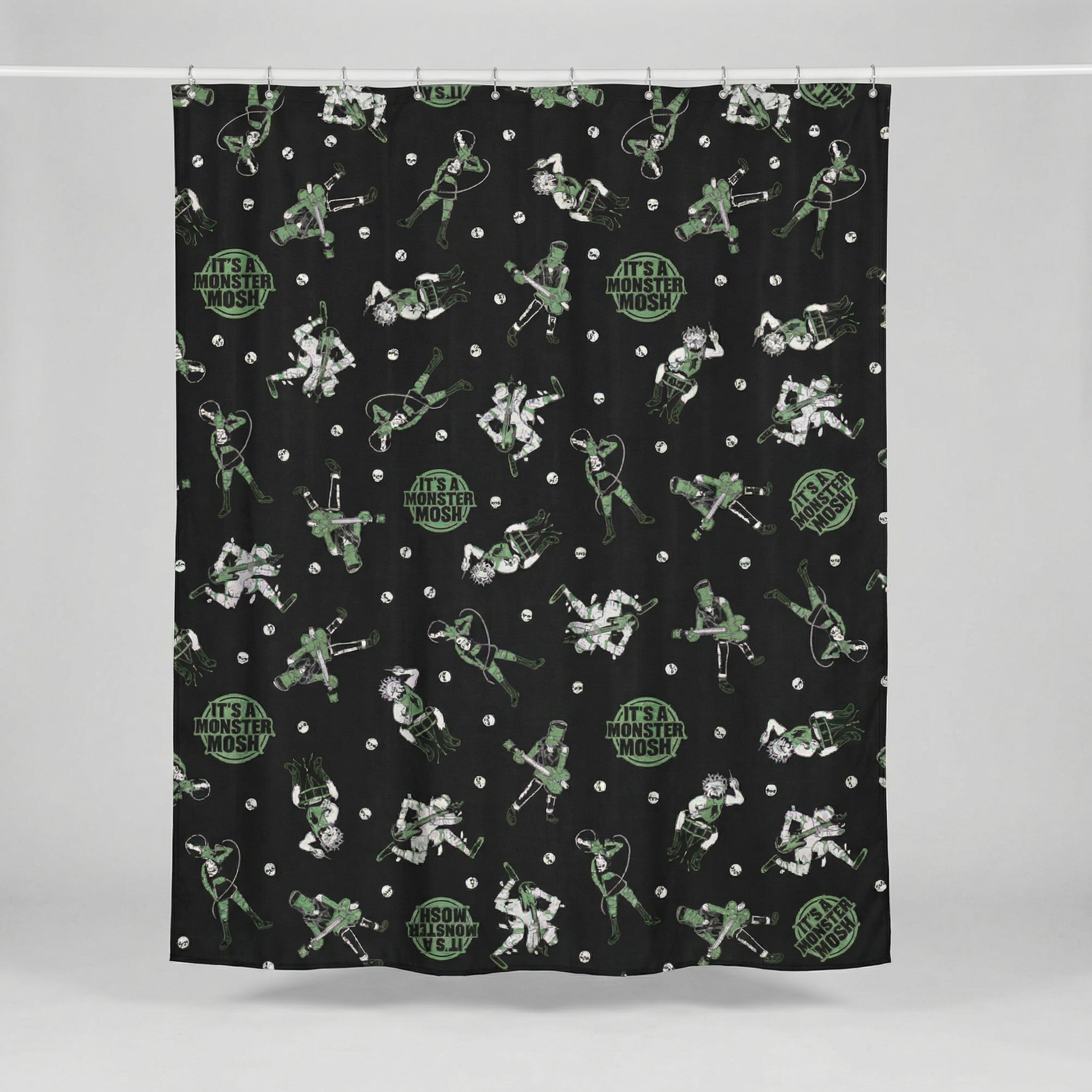 Sourpuss Monster Mosh shower curtain featuring Frankenstein, mummy, and werewolf designs in polyester for horror-themed bathroom decor.