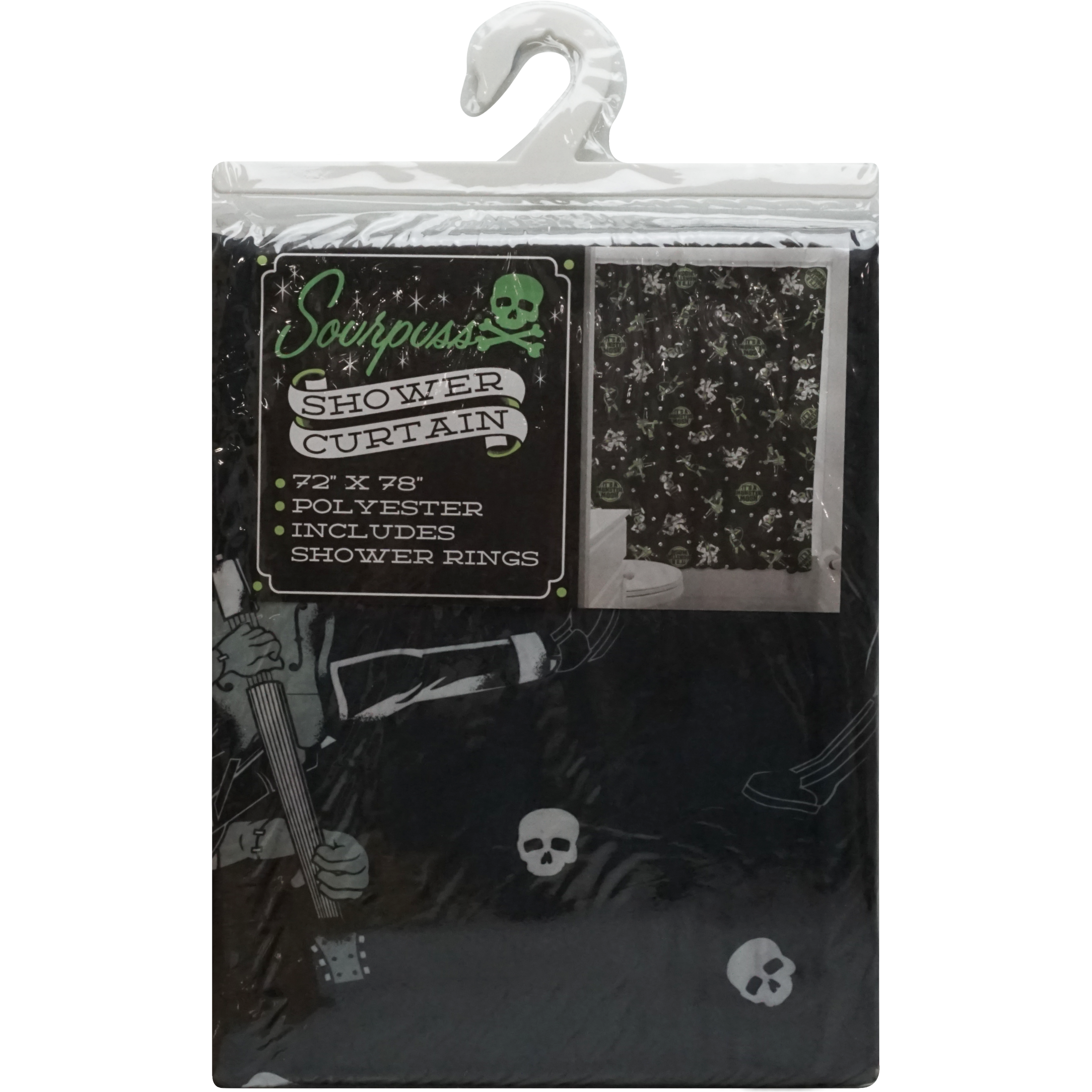 Sourpuss Monster Mosh shower curtain featuring Frankenstein, mummy, and werewolf designs in polyester for Halloween bathroom decor
