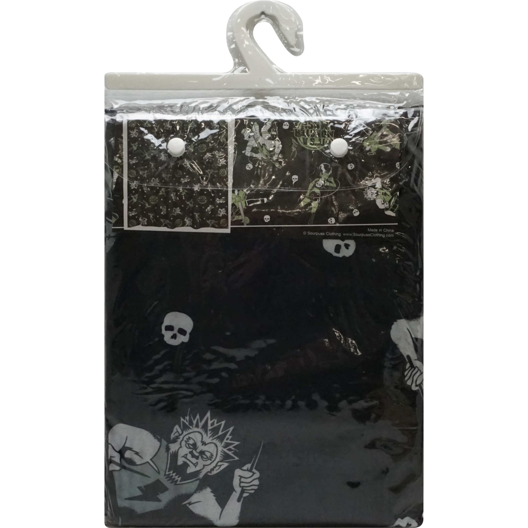 Sourpuss Monster Mosh shower curtain featuring Frankenstein, mummy, and werewolf designs in polyester for spooky bathroom decor.