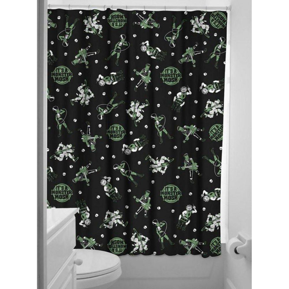Sourpuss Monster Mosh shower curtain featuring Frankenstein, mummy, and werewolf designs in polyester bathroom decor.