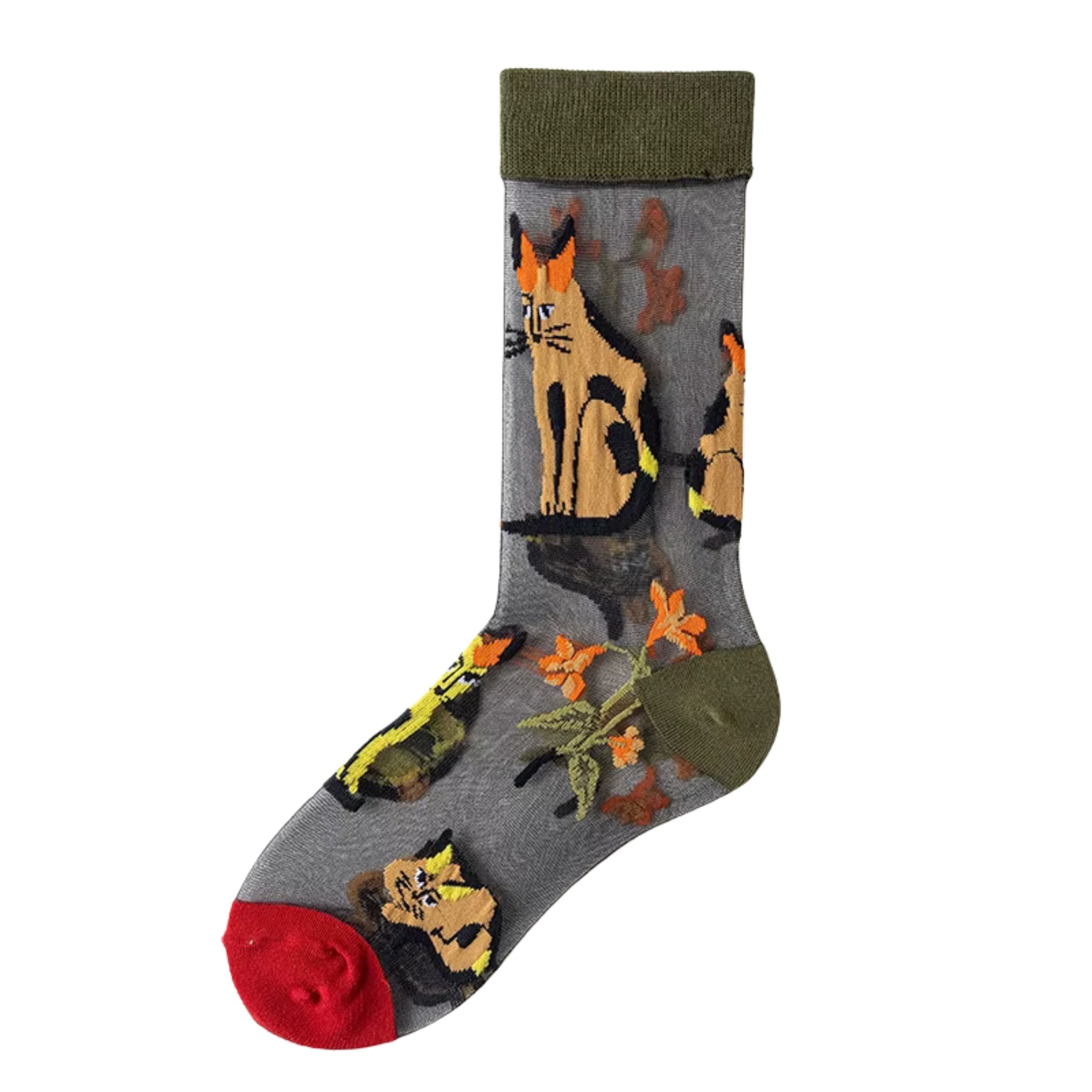 Sheer plant lover women's socks in nature-inspired styles, fits size 5-9, featuring botanical patterns from The Bullish Store.