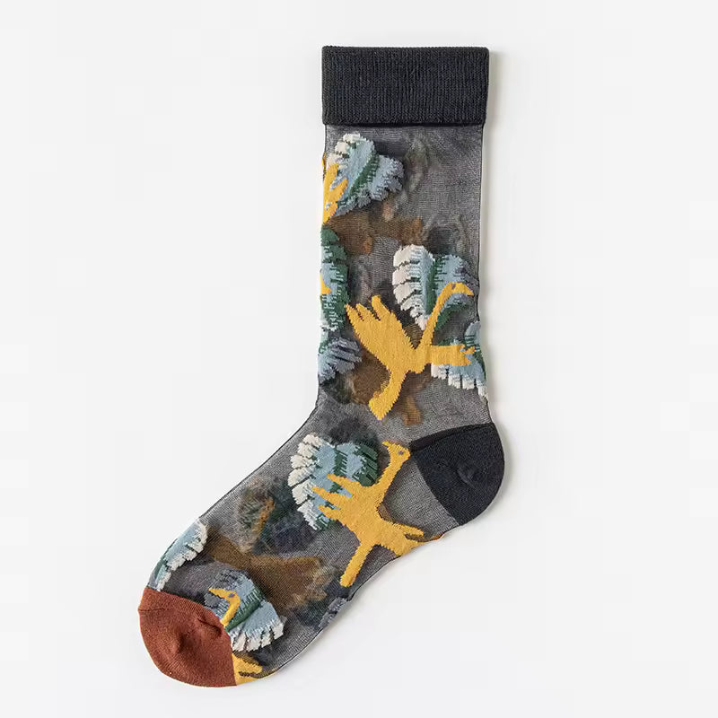 Women's sheer plant lover socks in five nature-inspired styles, featuring vibrant botanical patterns for size 5-9.