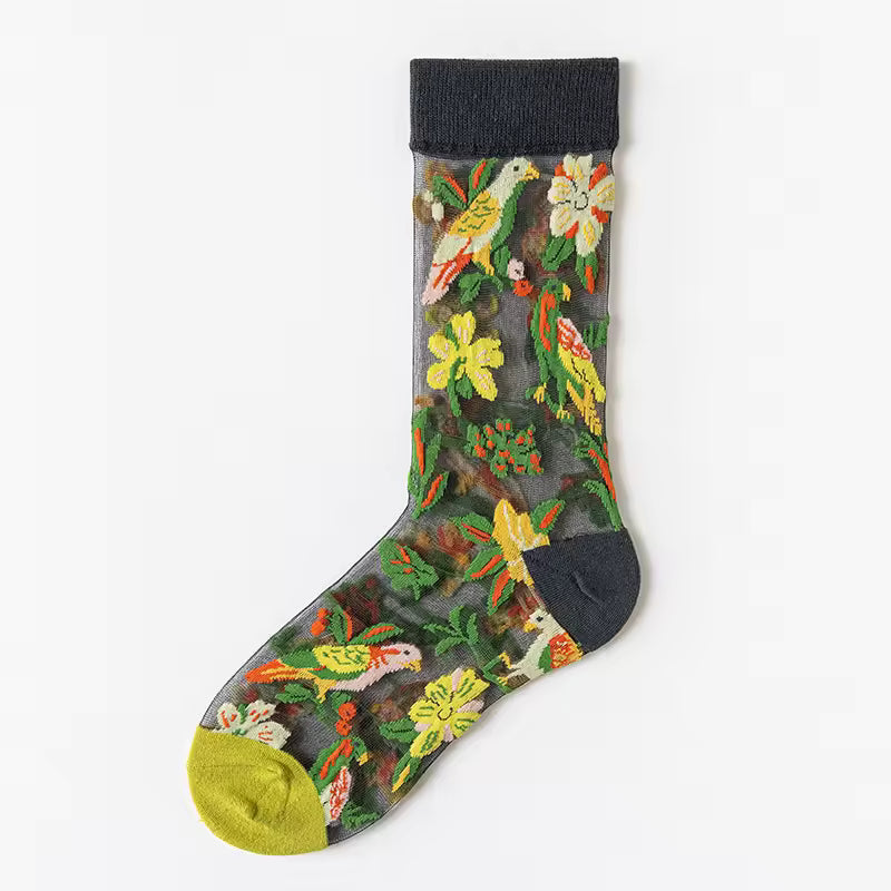 Women's Sheer Plant Lover Socks by The Bullish Store featuring nature-inspired designs, fits size 5-9, shown on a model's feet.