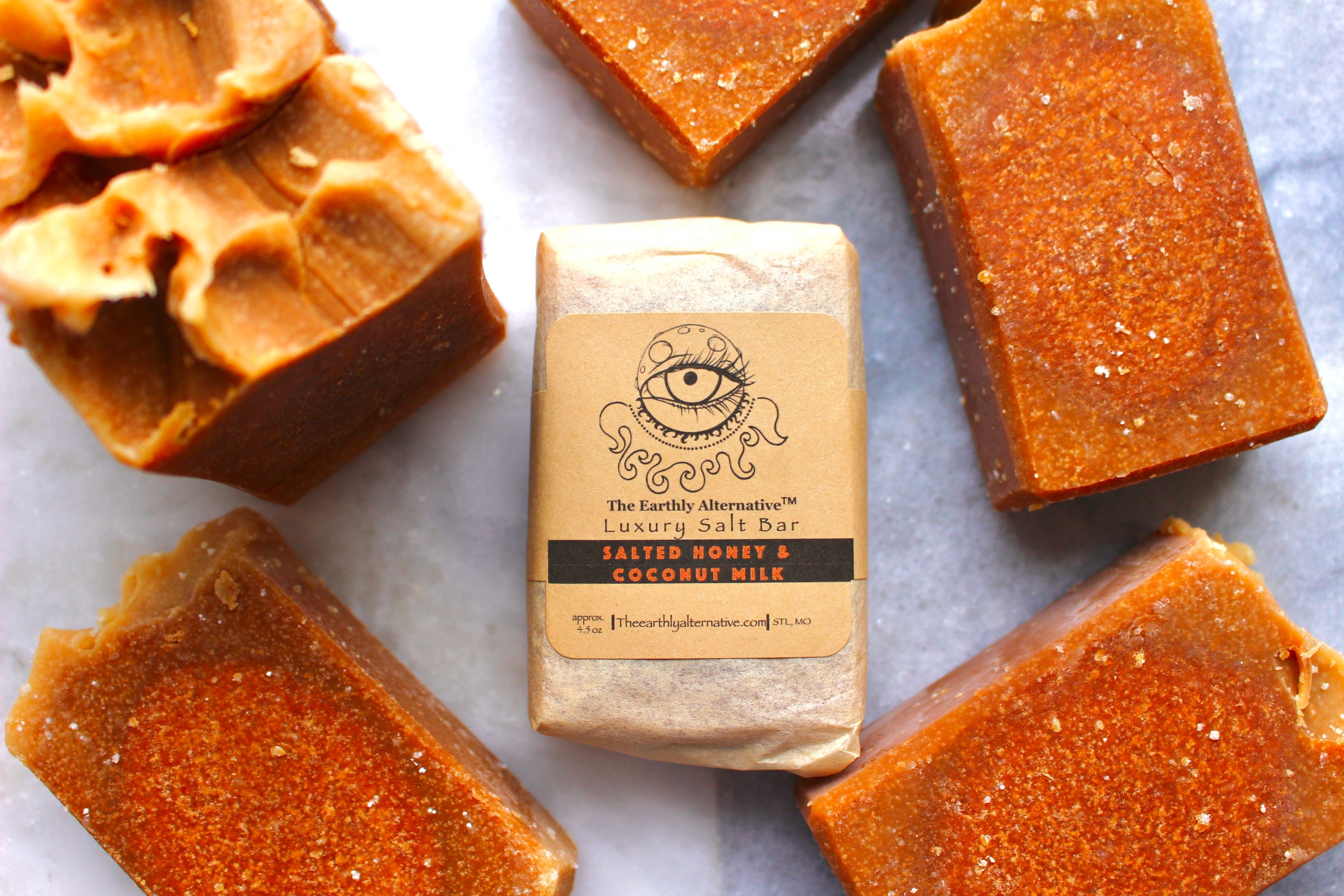 Salted Honey & Coconut Milk Luxury Salt Bar by The Earthly Alternative, showing the soap with natural ingredients and textured surface.