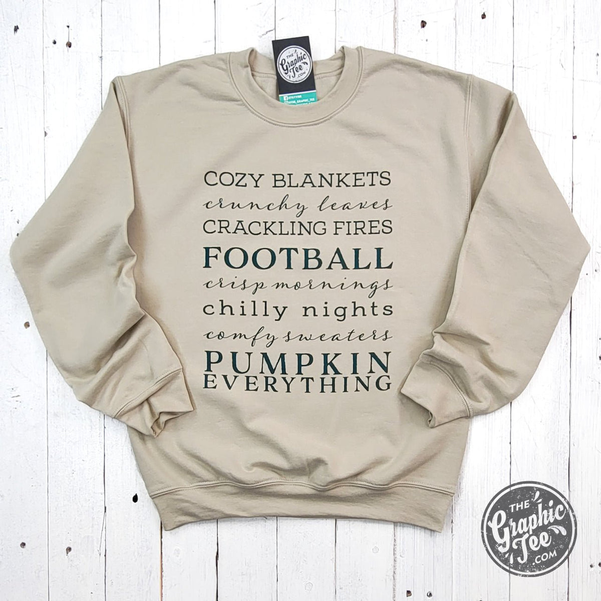 Autumn Words Cozy Sand Crewneck Sweatshirt by The Graphic Tee, featuring a soft sand-colored fabric and autumn-themed graphic design.
