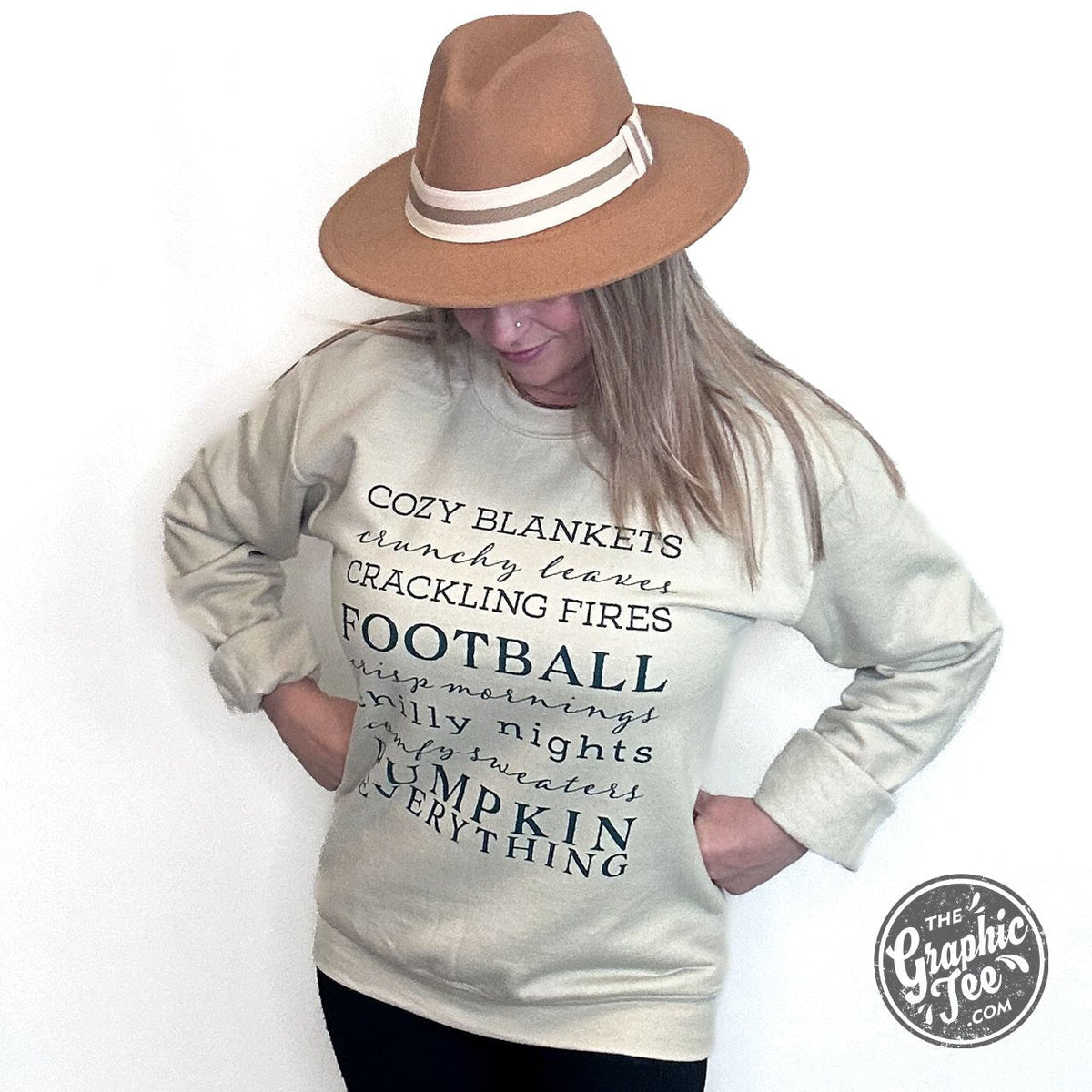 Autumn Words Cozy Sand Crewneck Sweatshirt by The Graphic Tee, featuring a soft sand color and autumn-themed graphic design.