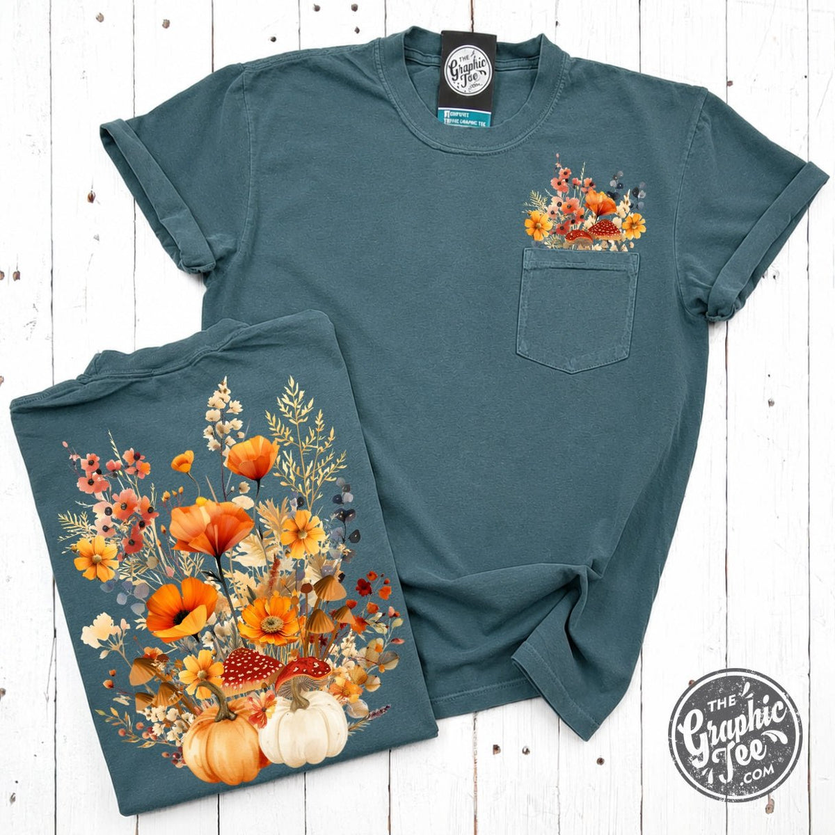 Blue spruce SS graphic pocket tee by The Graphic Tee with Golden Harvest pigment dye, casual and comfortable short-sleeve t-shirt.