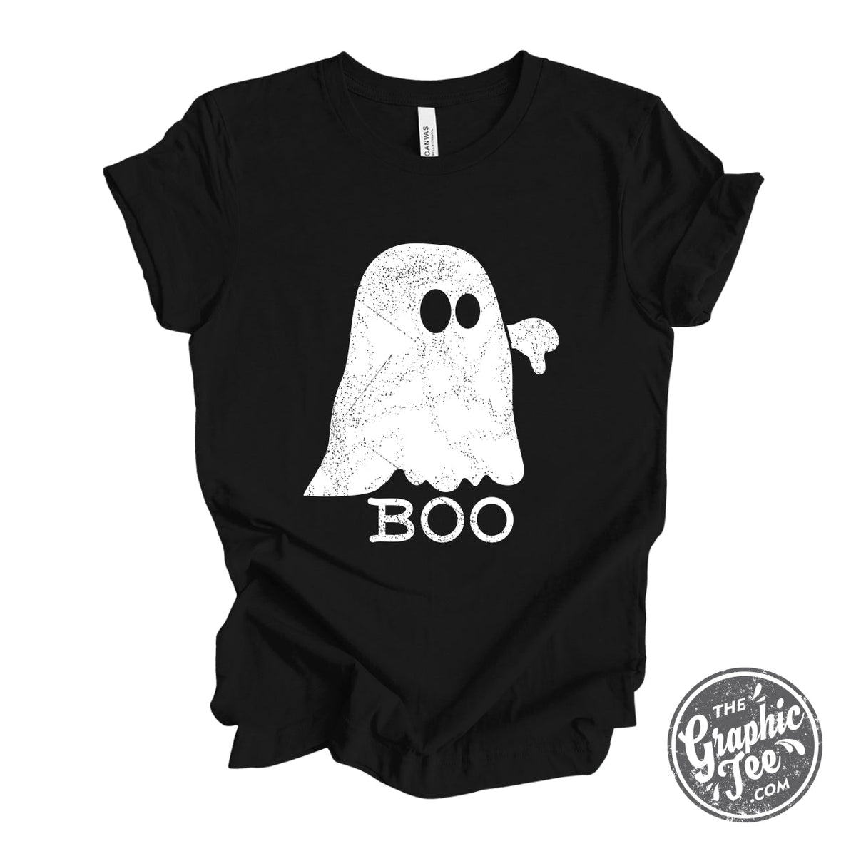 White Boo Ghost short sleeve graphic tee by The Graphic Tee, featuring a spooky ghost design on the front.
