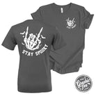 Stay Spooky adult short sleeve graphic tee by The Graphic Tee, featuring spooky-themed design on a casual white t-shirt.