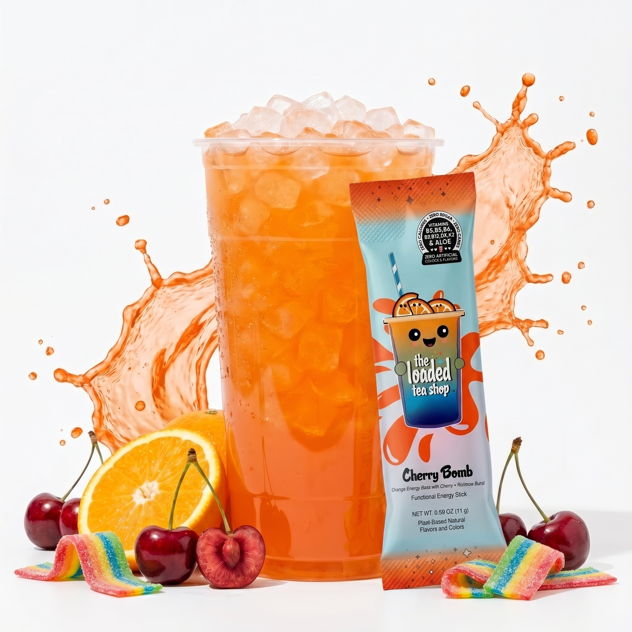Cherry Bomb single from The Loaded Tea Shop featuring a vibrant cherry-flavored beverage in a clear glass