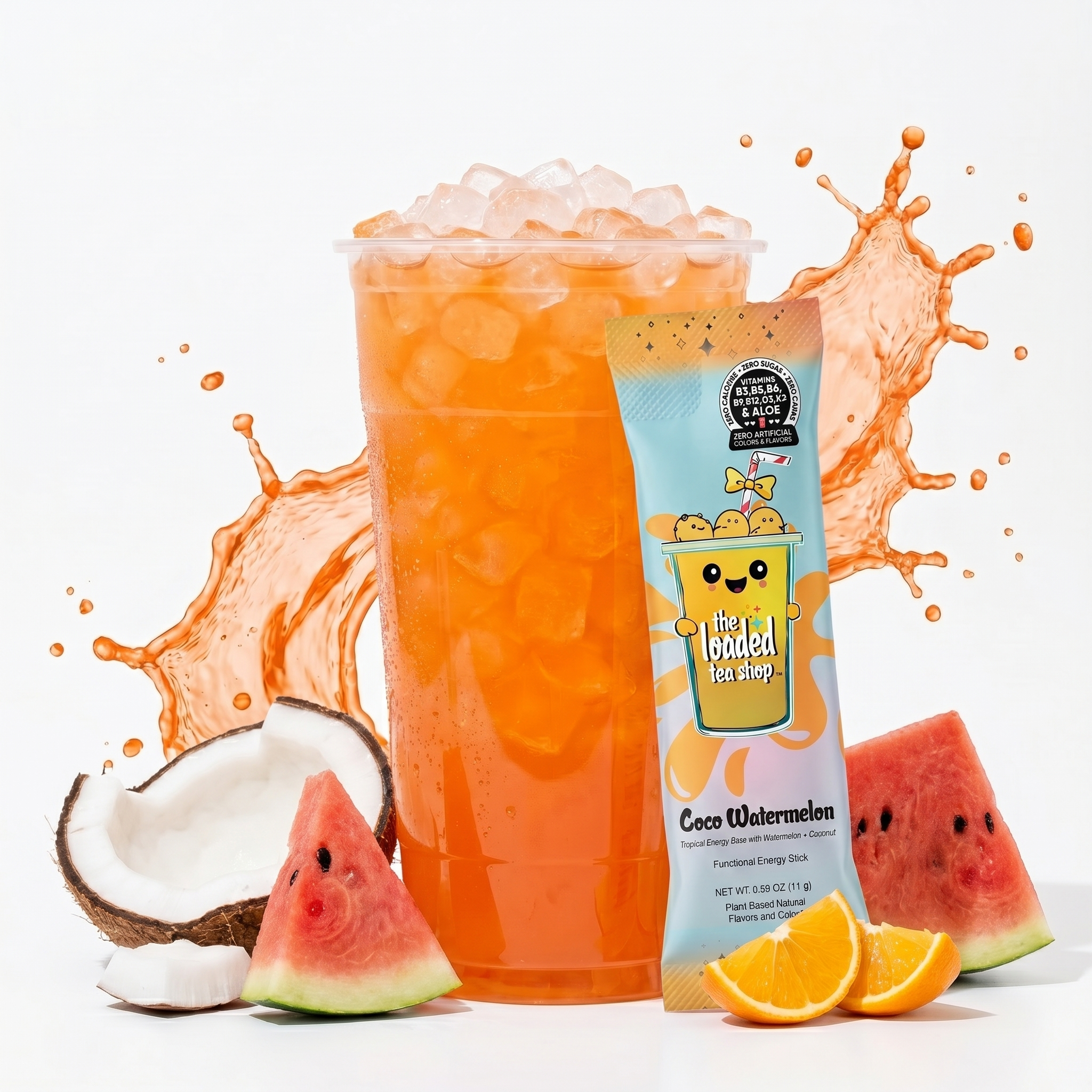 A single Coco Watermelon flavored beverage from The Loaded Tea Shop, featuring a vibrant watermelon and coconut drink in a clear cup.