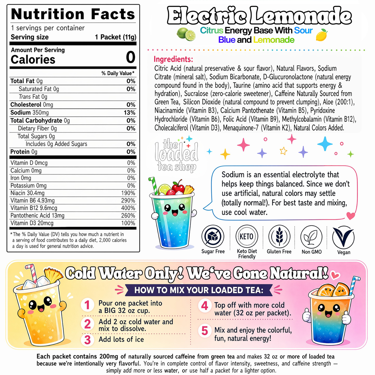 Single electric lemonade drink from The Loaded Tea Shop featuring a clear cup with vibrant yellow lemonade and ice.