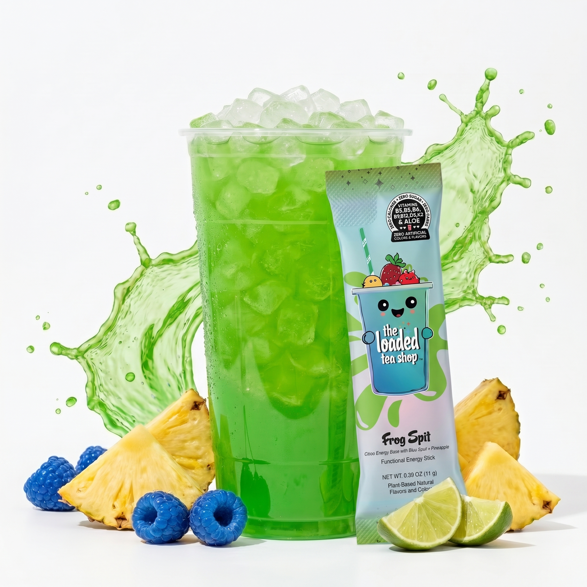Single Frog Spit energy shot by The Loaded Tea Shop, showcasing the colorful beverage in a clear shot glass.