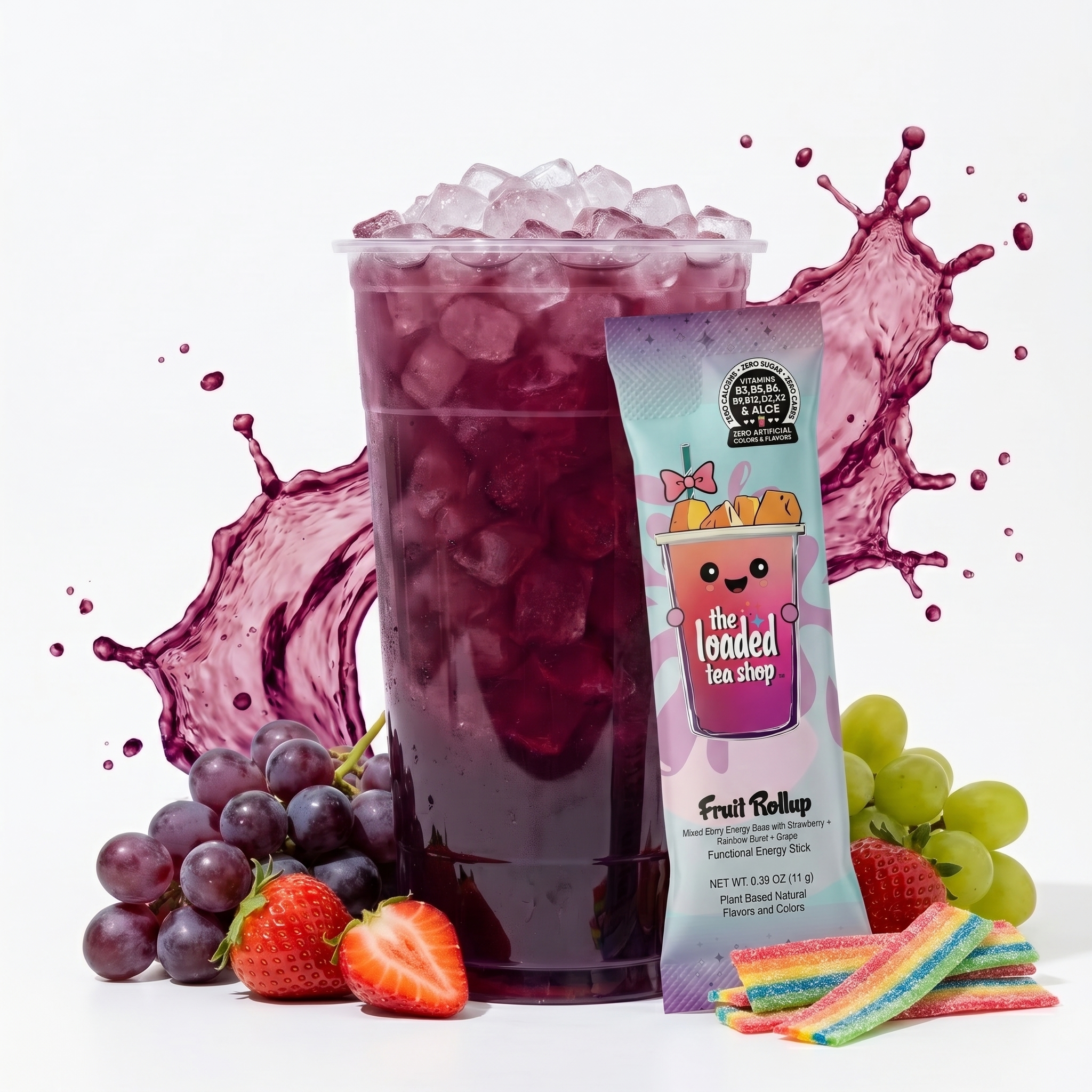 Single Fruit Rollup from The Loaded Tea Shop, colorful fruit-flavored chewy snack on a white background.