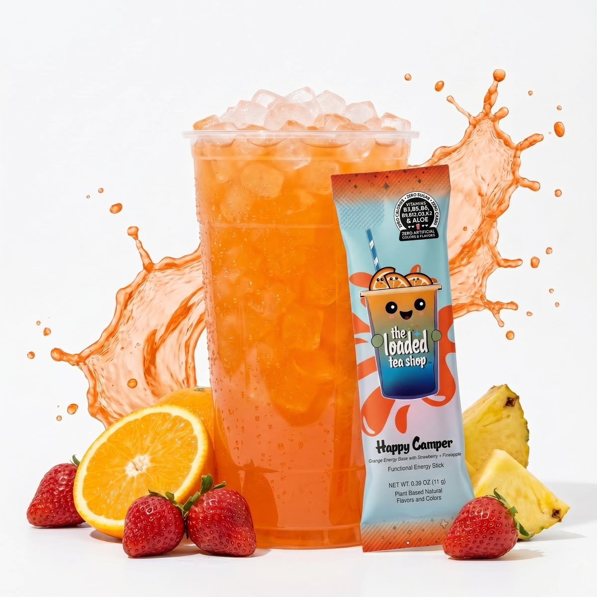Single-serving Happy Camper tea from The Loaded Tea Shop, showcasing a colorful label with herbal and fruit ingredients.