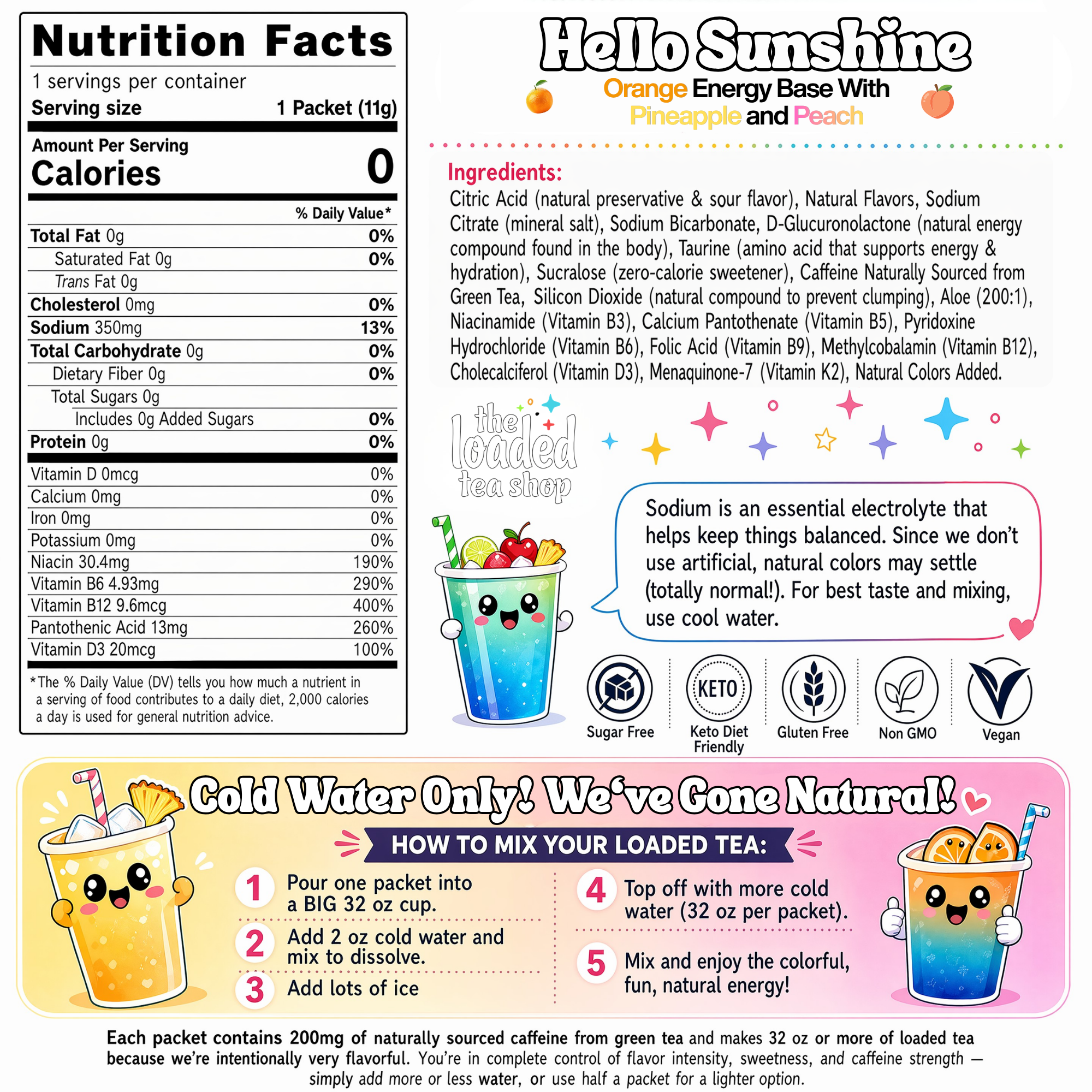 Single Hello Sunshine tea packet from The Loaded Tea Shop, vibrant packaging with the product label visible.