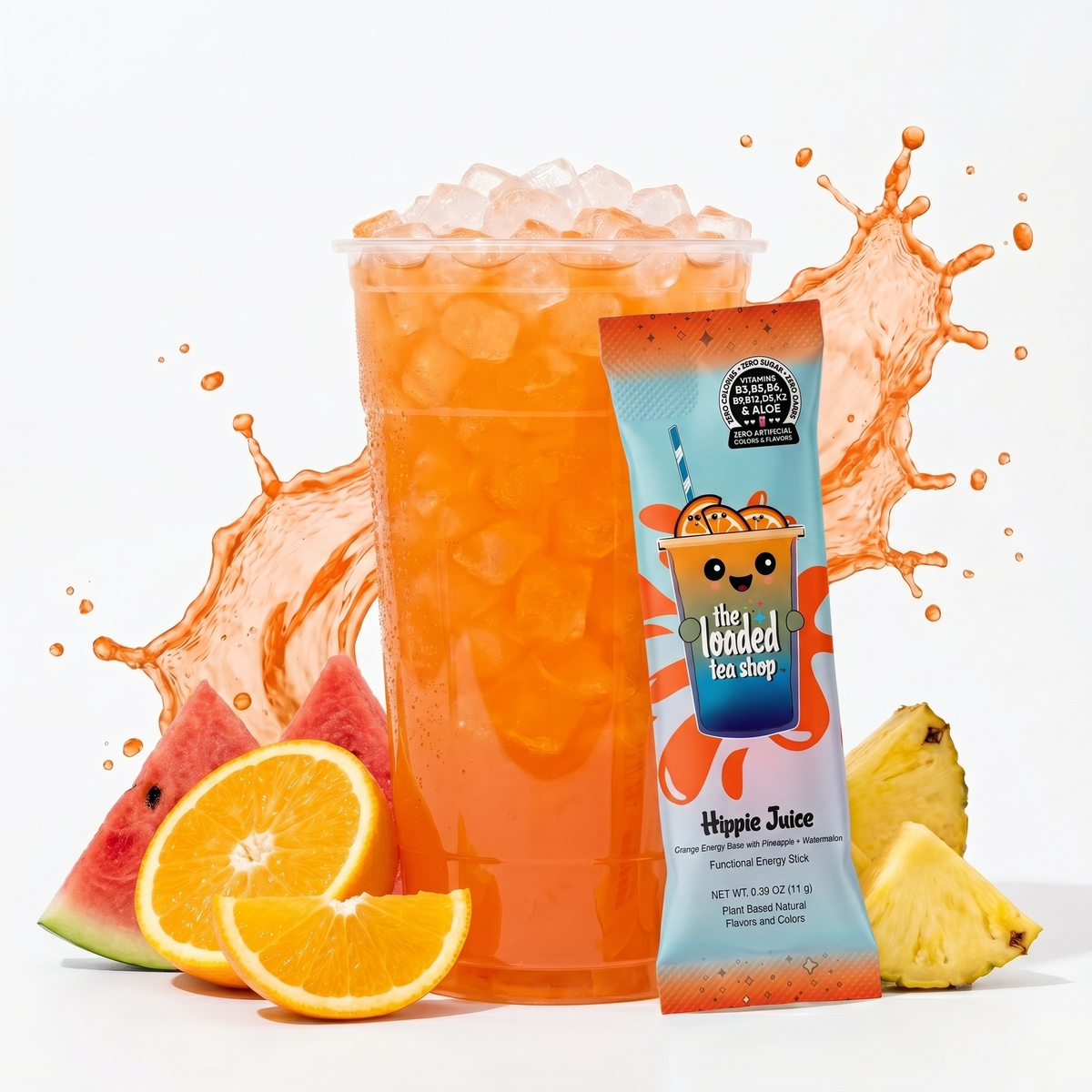 Single bottle of Hippie Juice by The Loaded Tea Shop featuring vibrant, colorful packaging for a refreshing beverage.