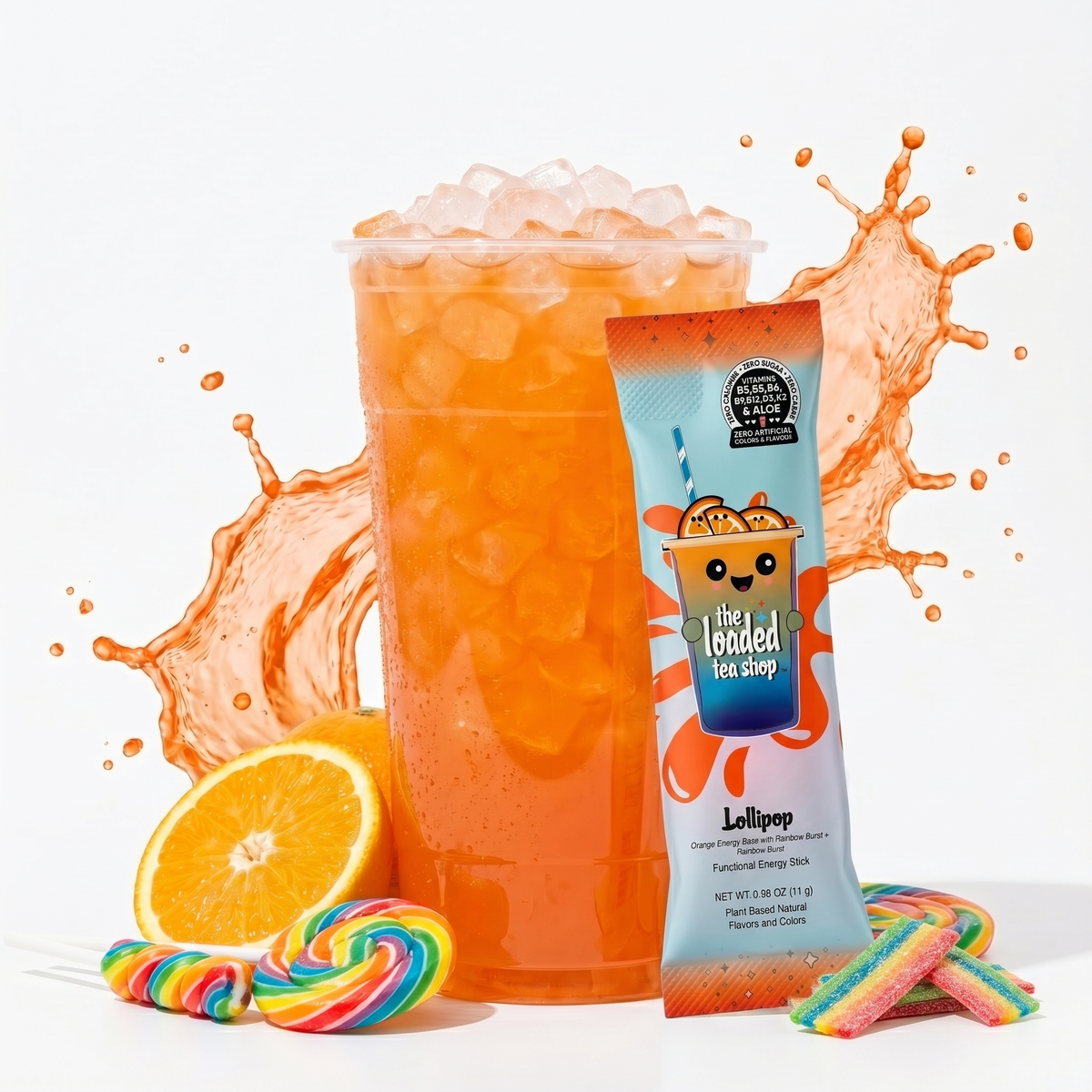 Single colorful lollipop from The Loaded Tea Shop with bright swirls and a shiny candy coating.