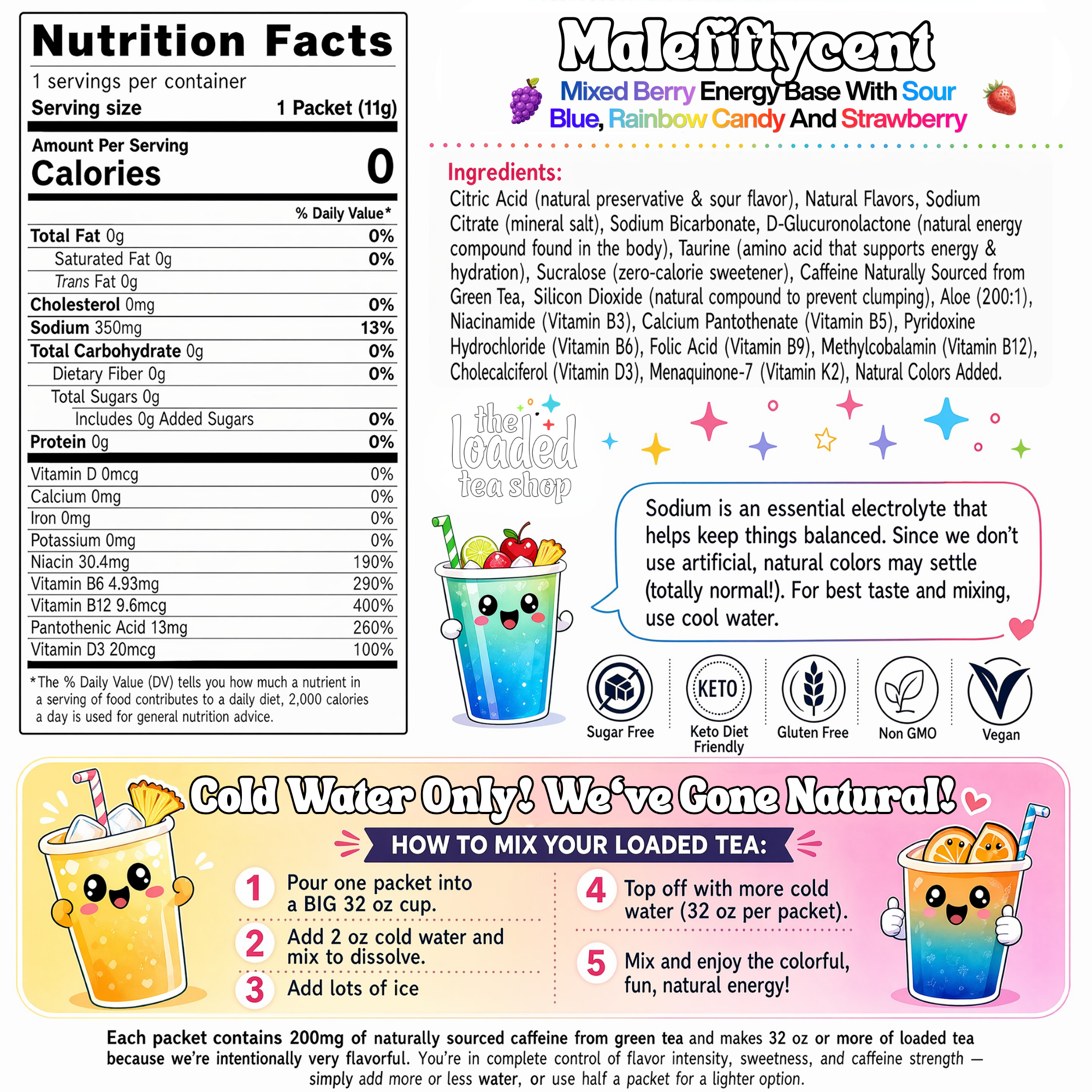 Single Malefiftycent beverage from The Loaded Tea Shop with vibrant packaging and colorful label.