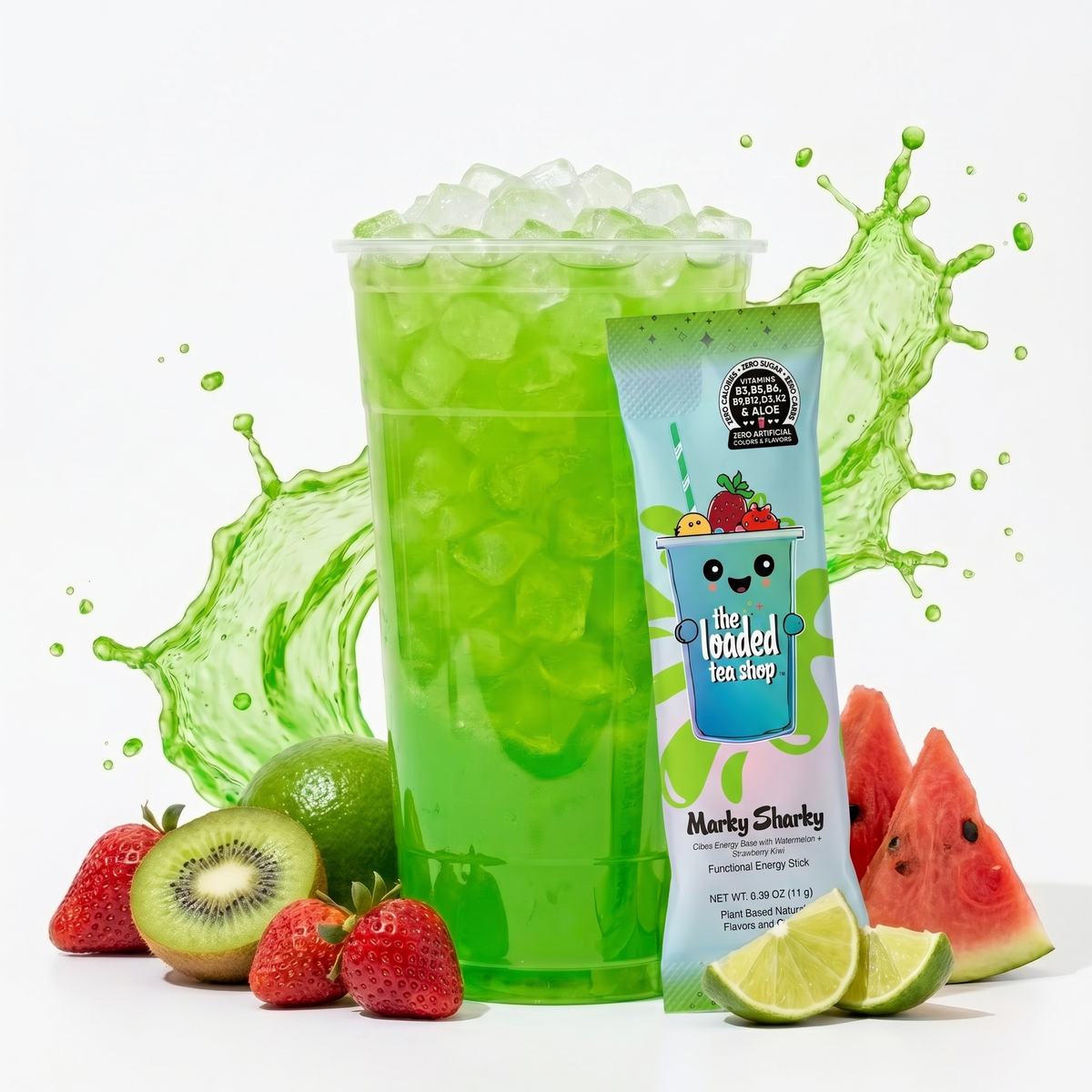 Single Marky Sharky from The Loaded Tea Shop featuring a fun shark design on a vibrant beverage container.
