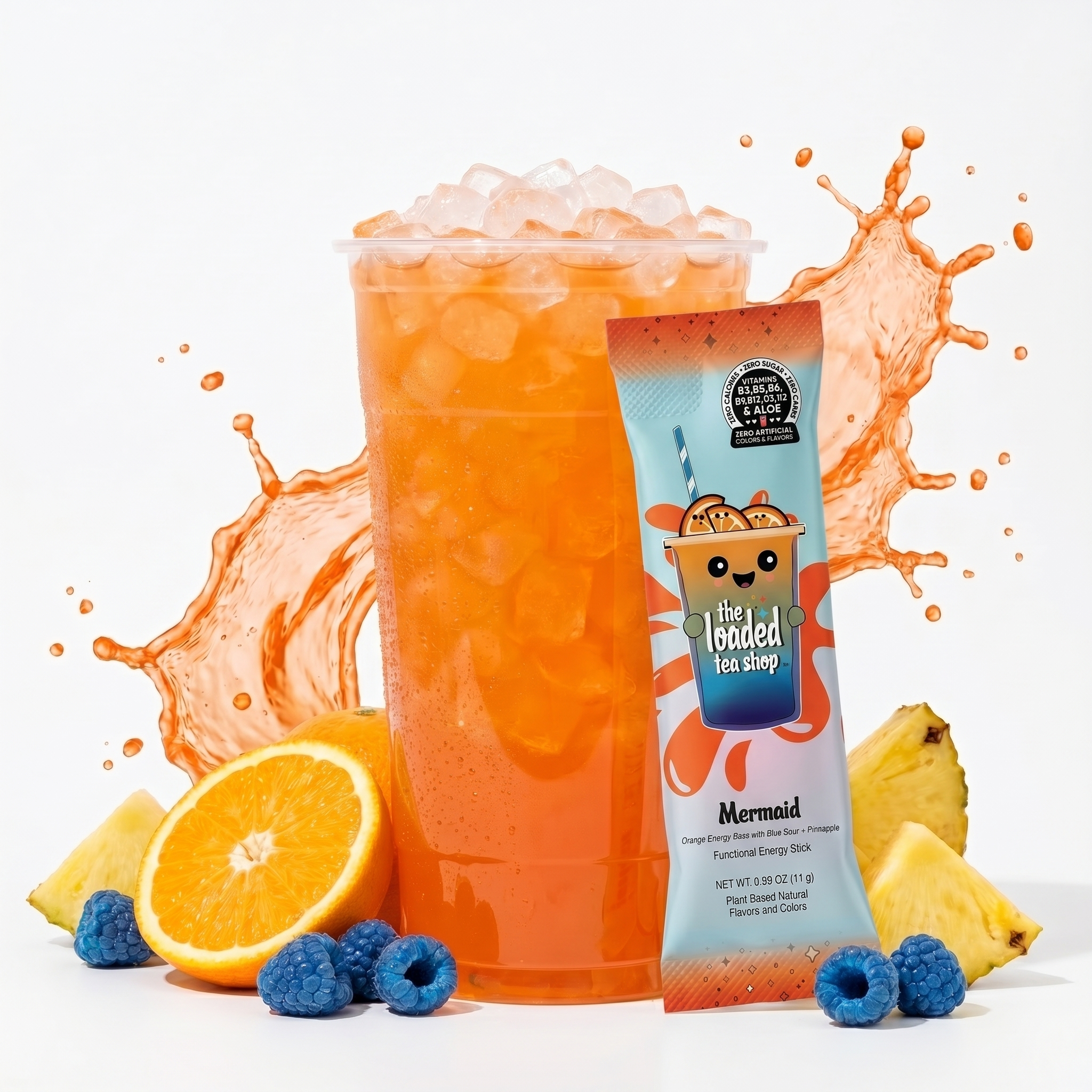 Colorful mermaid-themed single tea sachet from The Loaded Tea Shop, featuring vibrant aquatic design on packaging.
