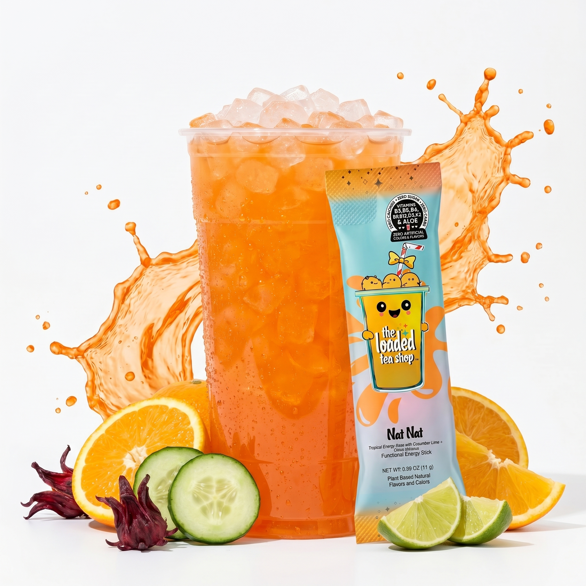 Single Nat Nat tea beverage in a clear glass cup, showcasing its vibrant color and fresh ingredients.