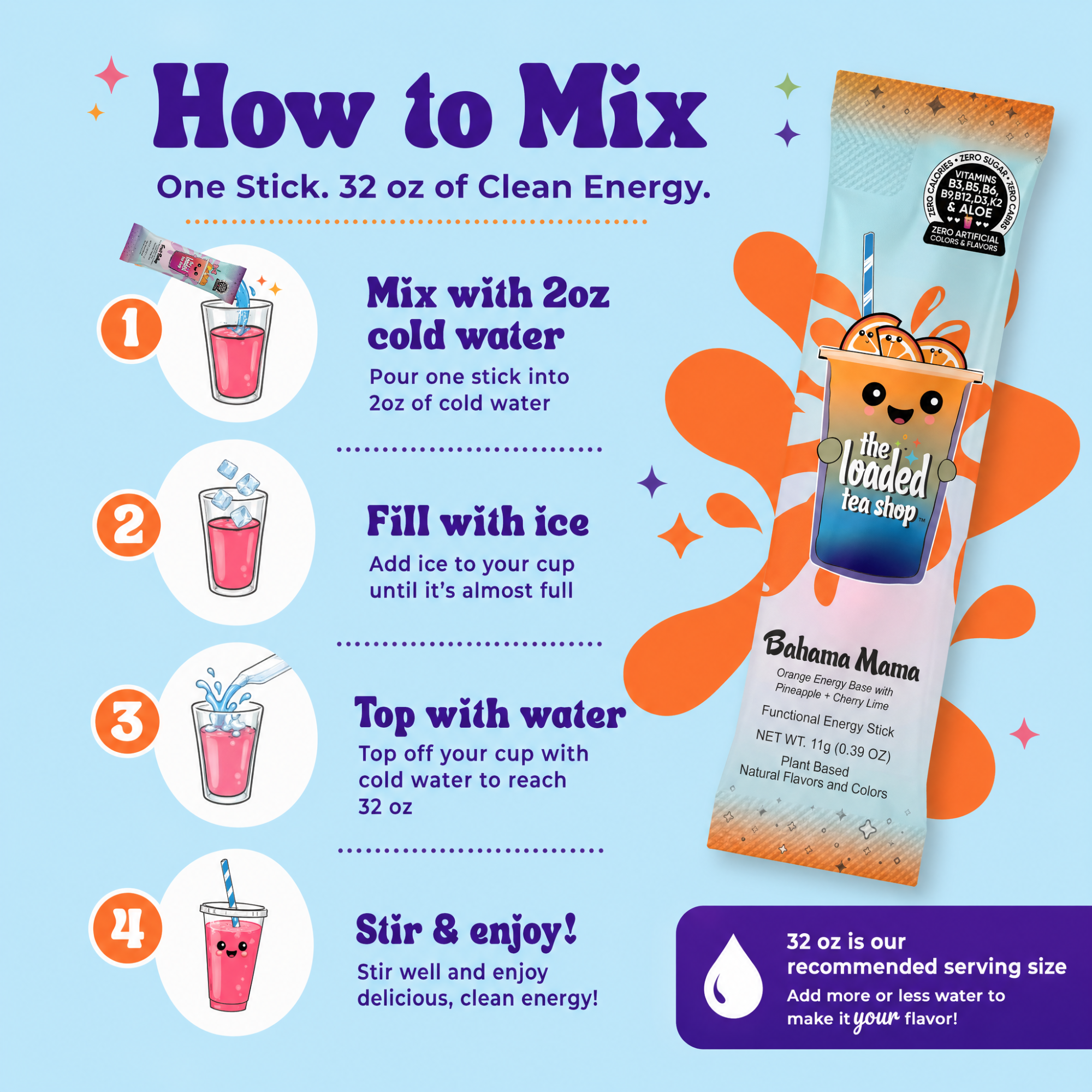 Six singles of Ok Boom flavored tea from The Loaded Tea Shop, featuring colorful packaging and individual tea sachets.