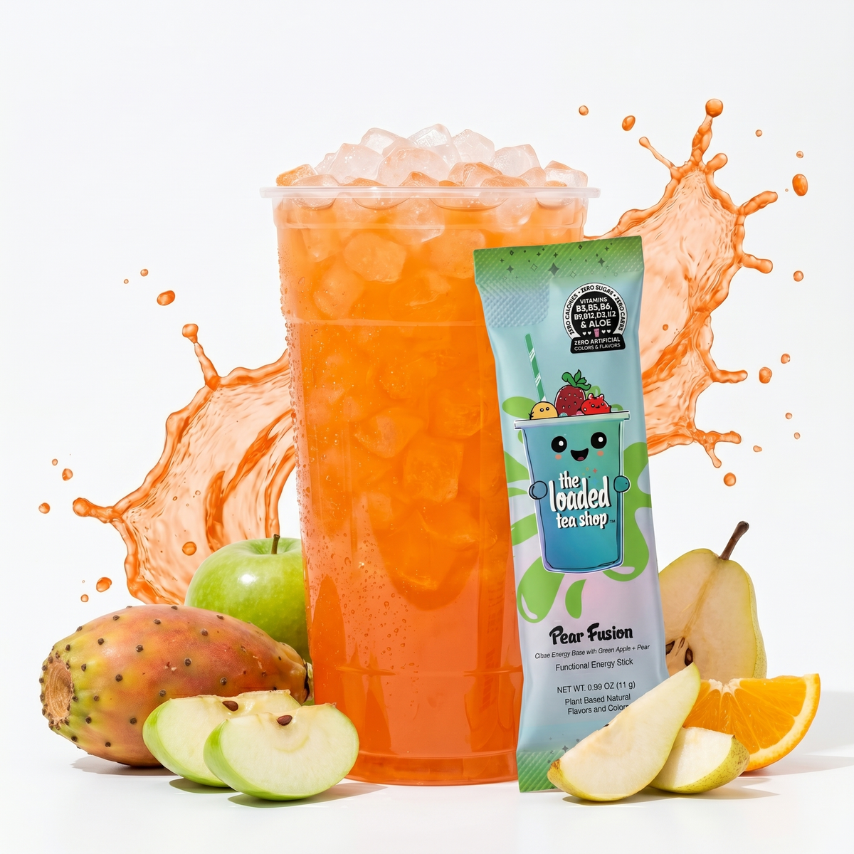 Single Pear Fusion drink from The Loaded Tea Shop, featuring a refreshing pear-flavored beverage in a clear cup.
