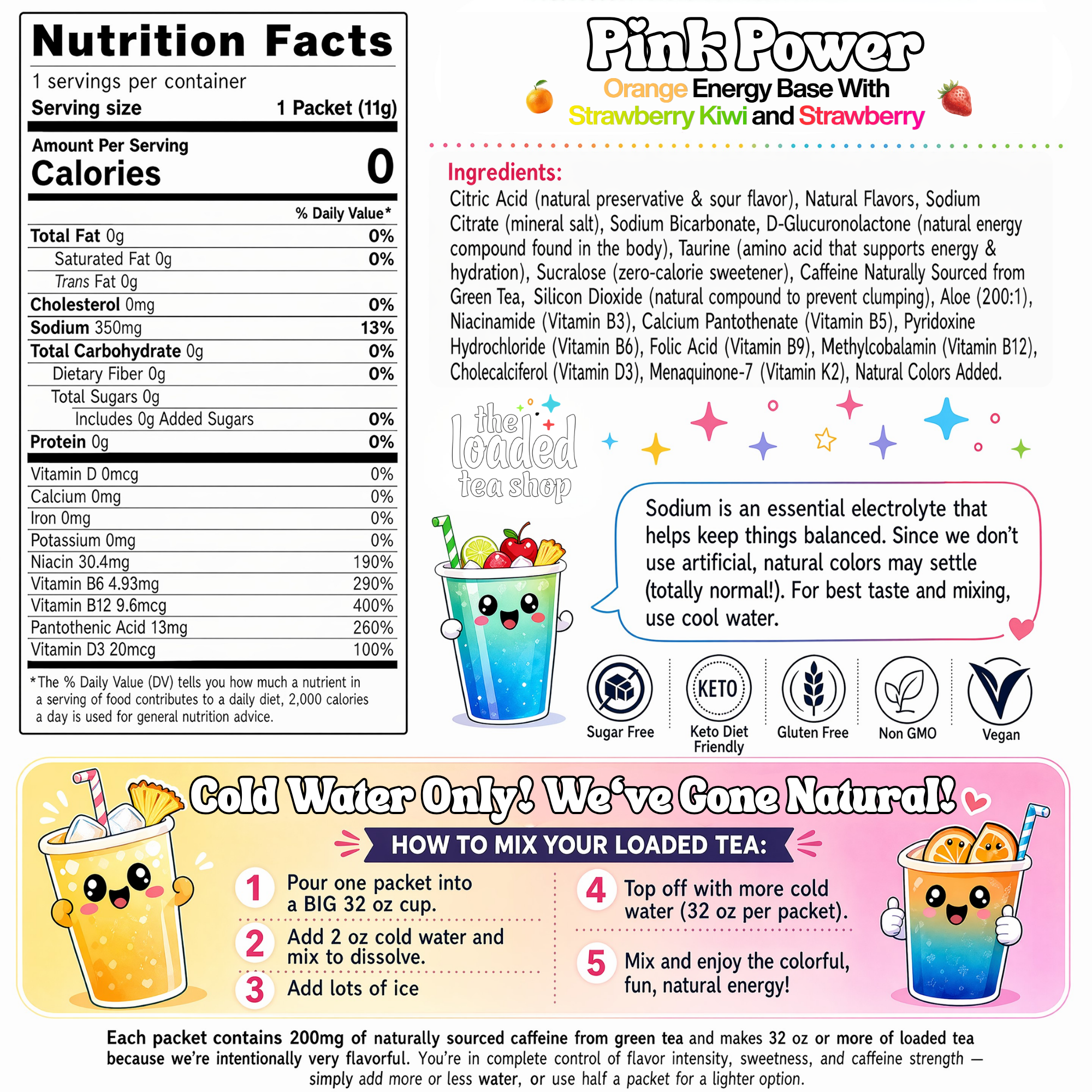 Pink Power singles from The Loaded Tea Shop featuring a vibrant pink tea blend in a clear cup with a straw.