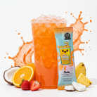 Single Pumba beverage from The Loaded Tea Shop featuring a colorful drink in a clear cup with a straw and fruit garnish.