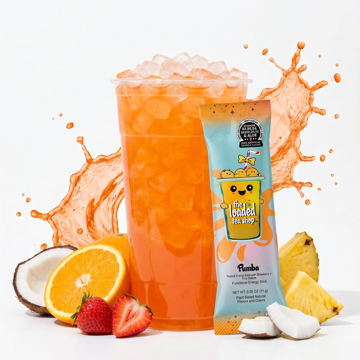 Mockup image of Pumba Singles from The Loaded Tea Shop, showing a colorful beverage in a clear glass with a straw.